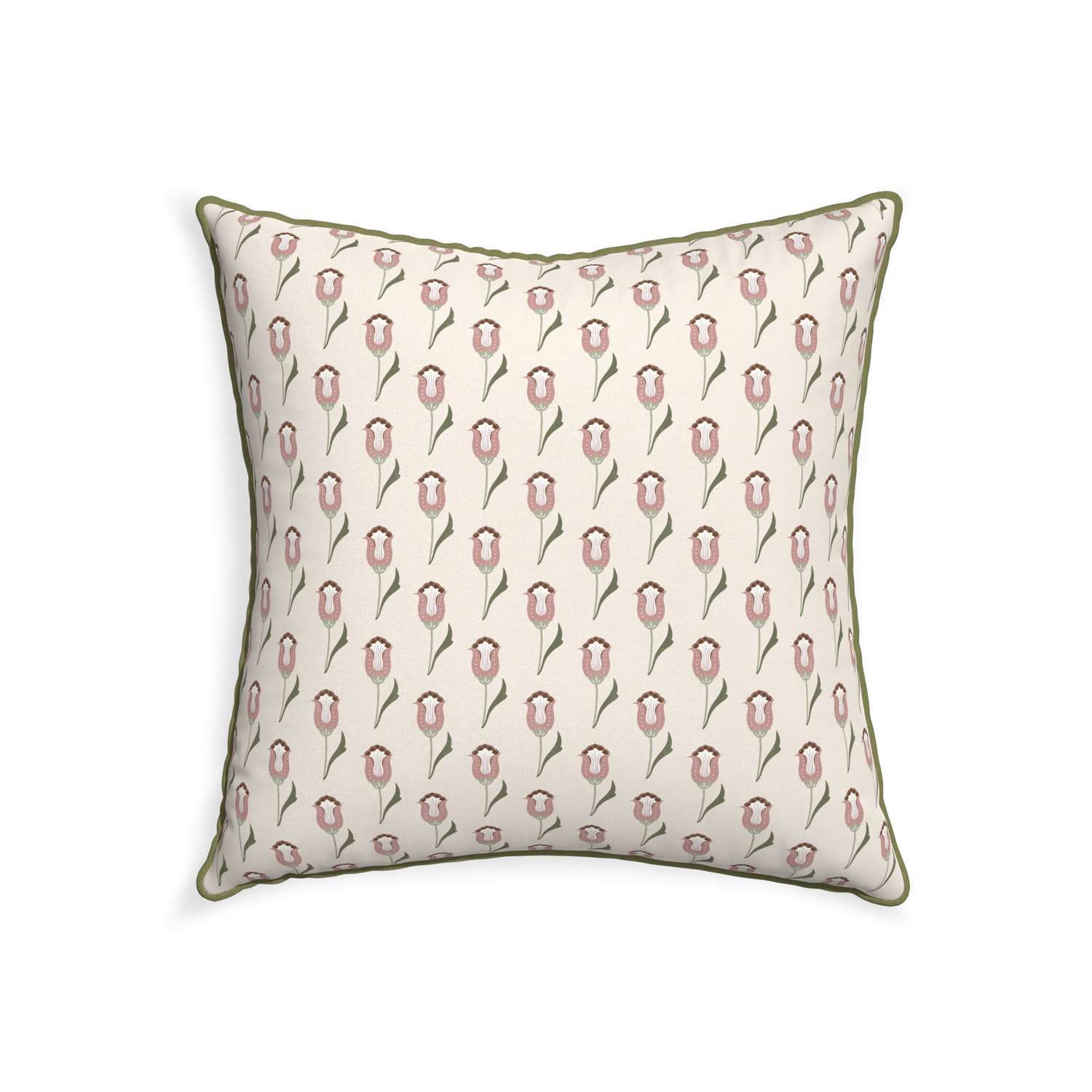 square cream pillow with pink tulips and moss green piping