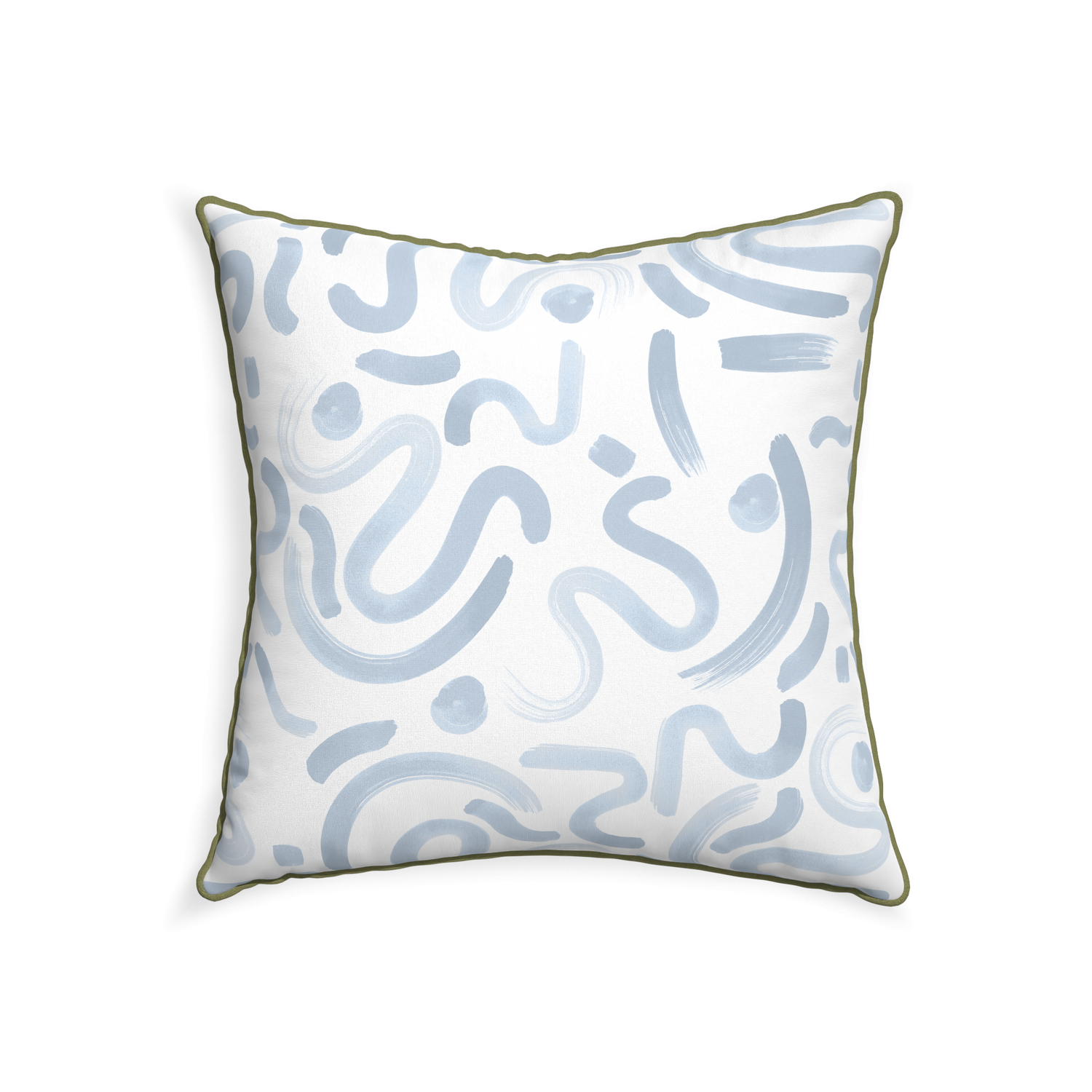 square abstract blue pillow with moss green piping
