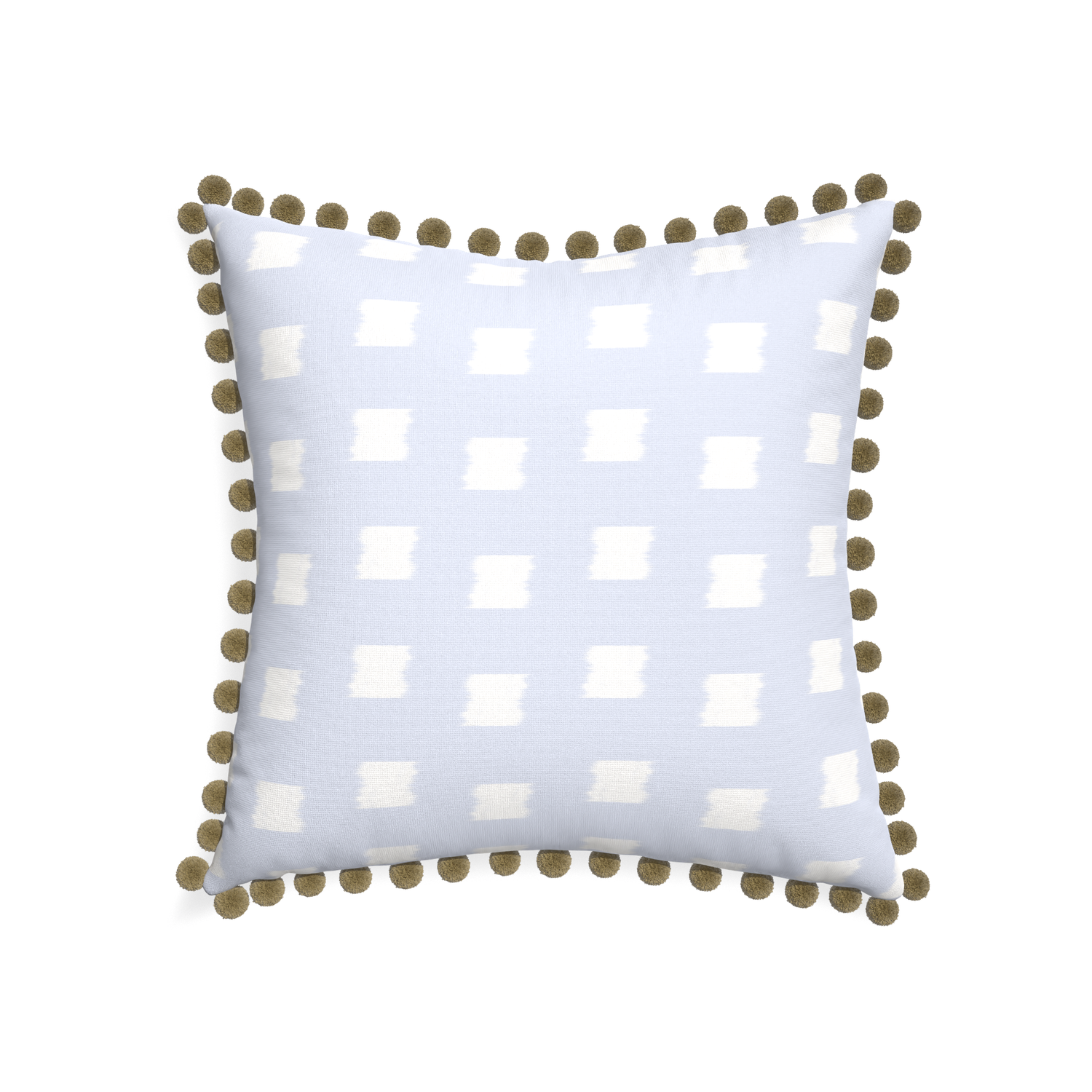 22-square denton custom sky blue patternpillow with olive pom pom on white background