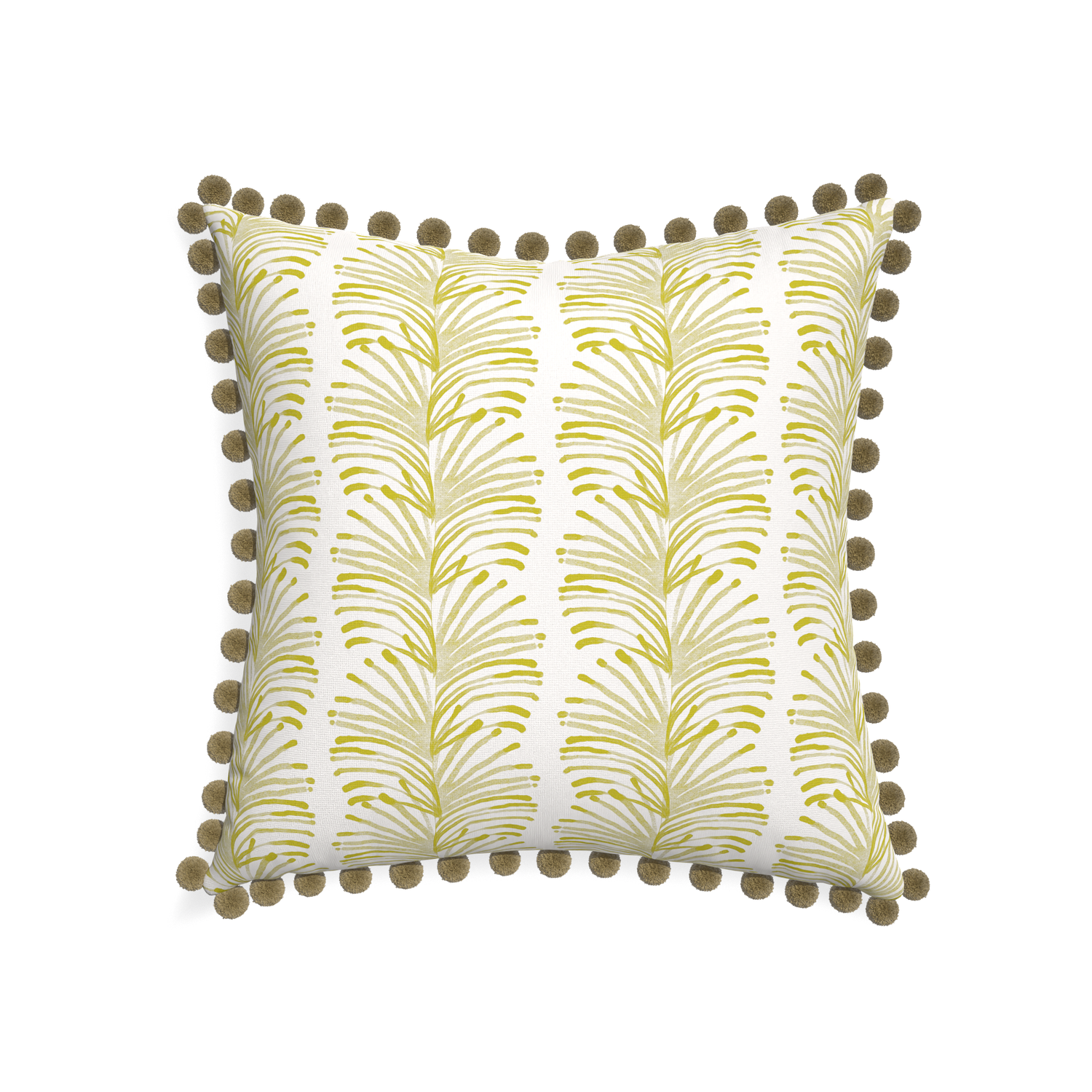 22-square emma chartreuse custom yellow stripe chartreusepillow with olive pom pom on white background