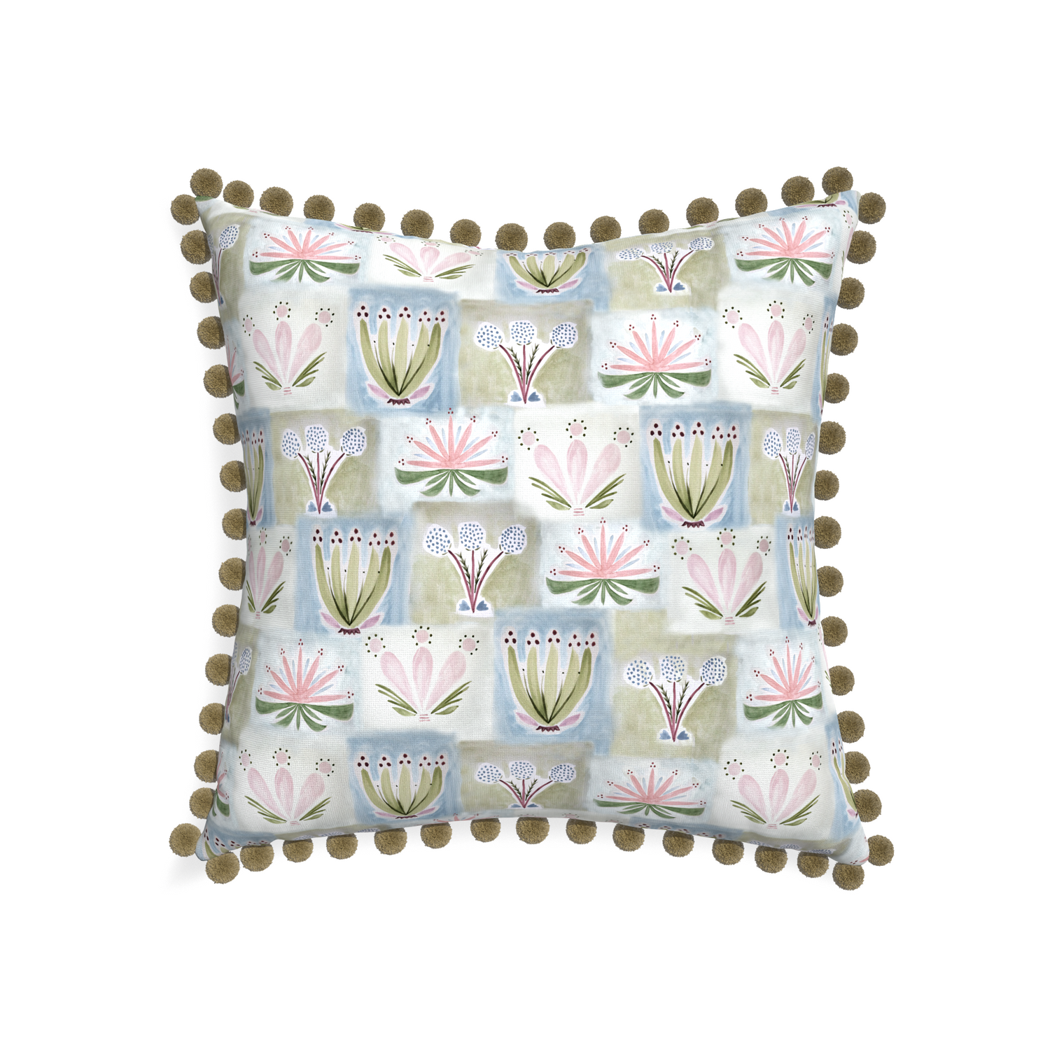 22-square harper custom hand-painted floralpillow with olive pom pom on white background
