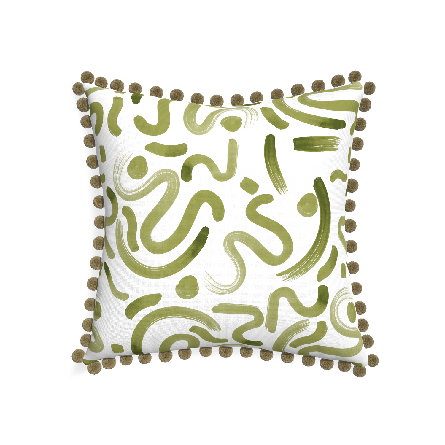22-square hockney moss custom moss greenpillow with olive pom pom on white background