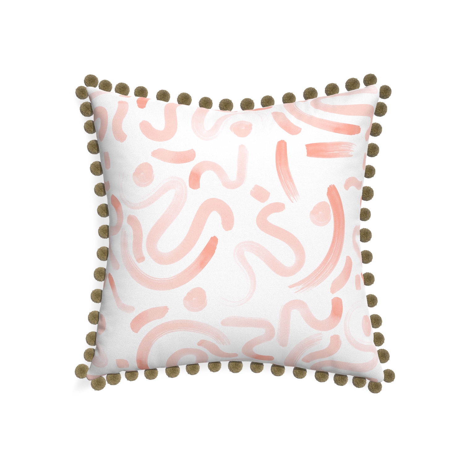 22-square hockney pink custom pink graphicpillow with olive pom pom on white background