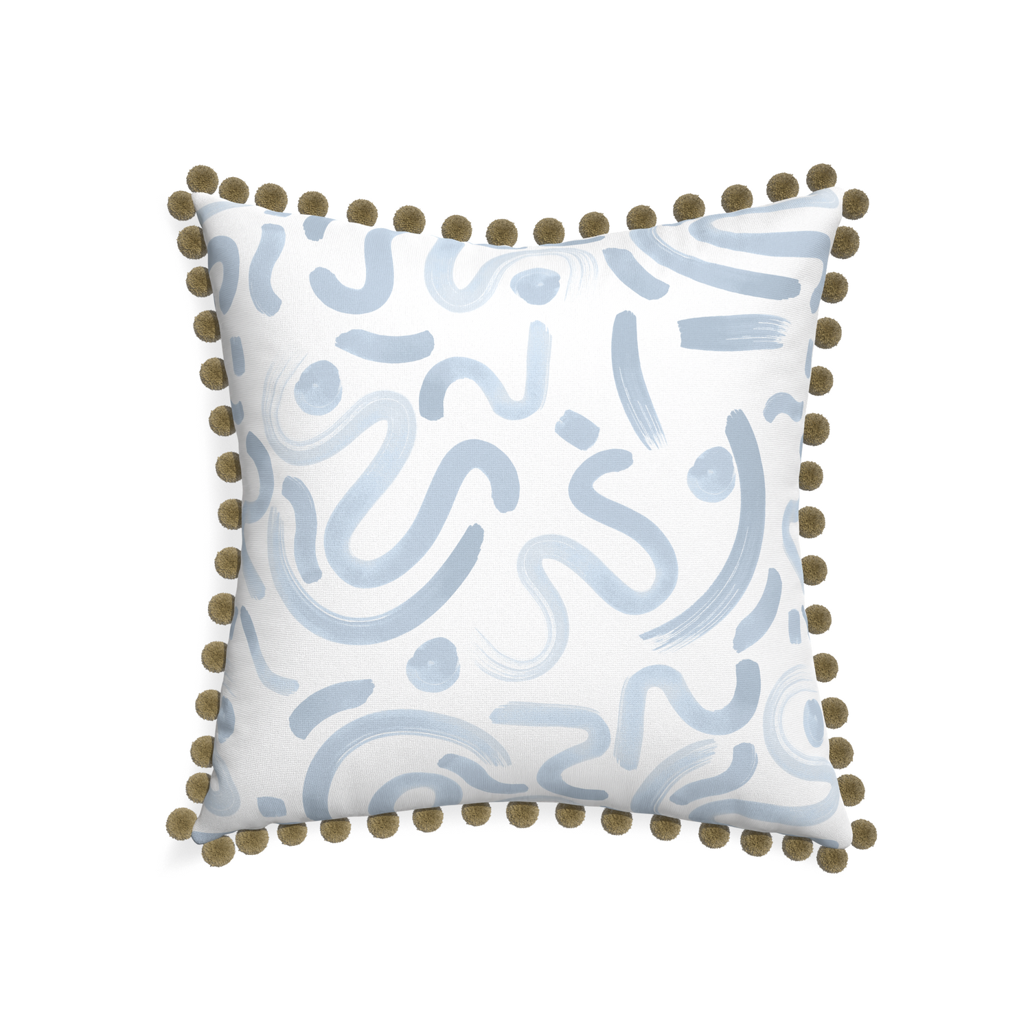 22-square hockney sky custom abstract sky bluepillow with olive pom pom on white background
