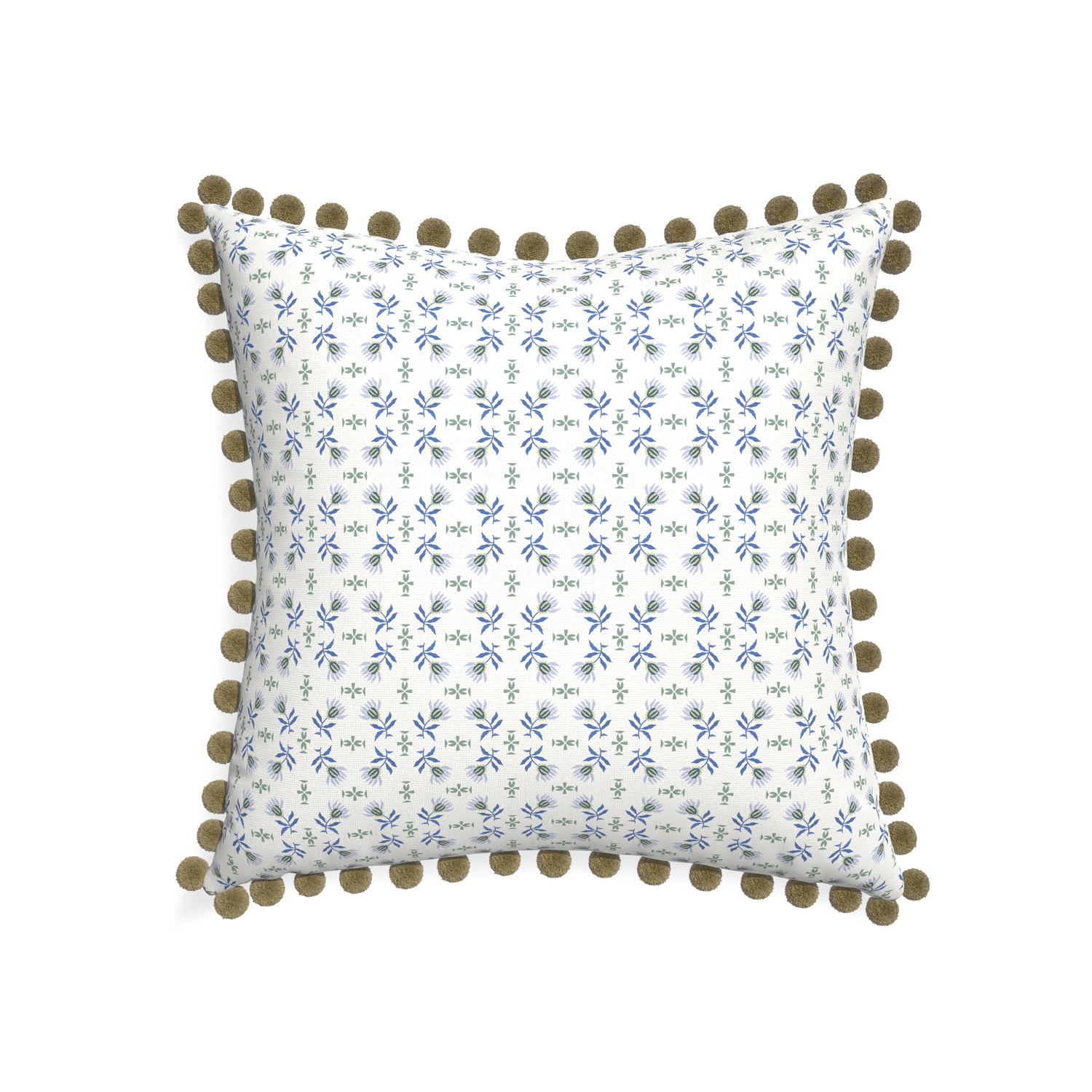 22-square lee custom blue & green floralpillow with olive pom pom on white background