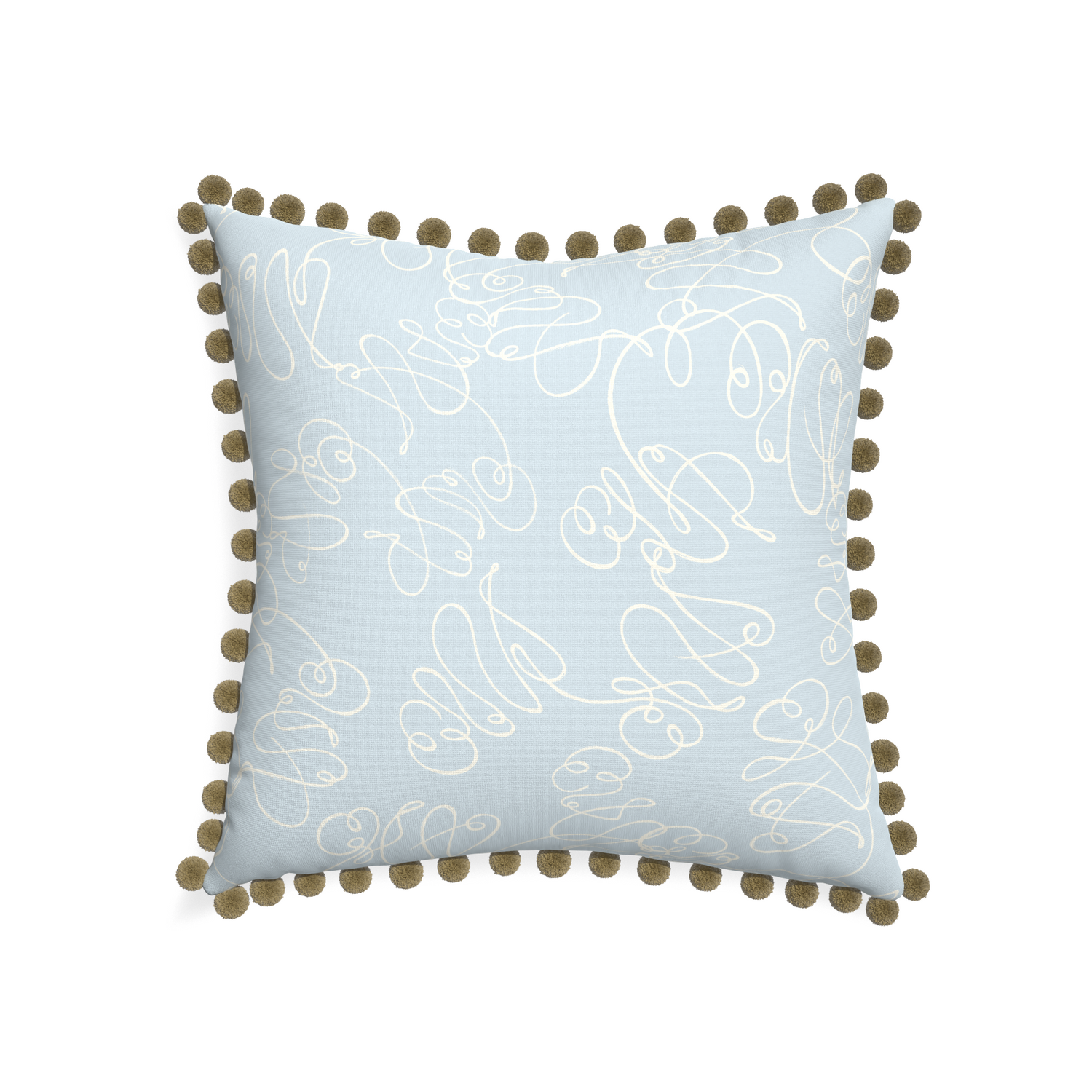 22-square mirabella custom powder blue abstractpillow with olive pom pom on white background