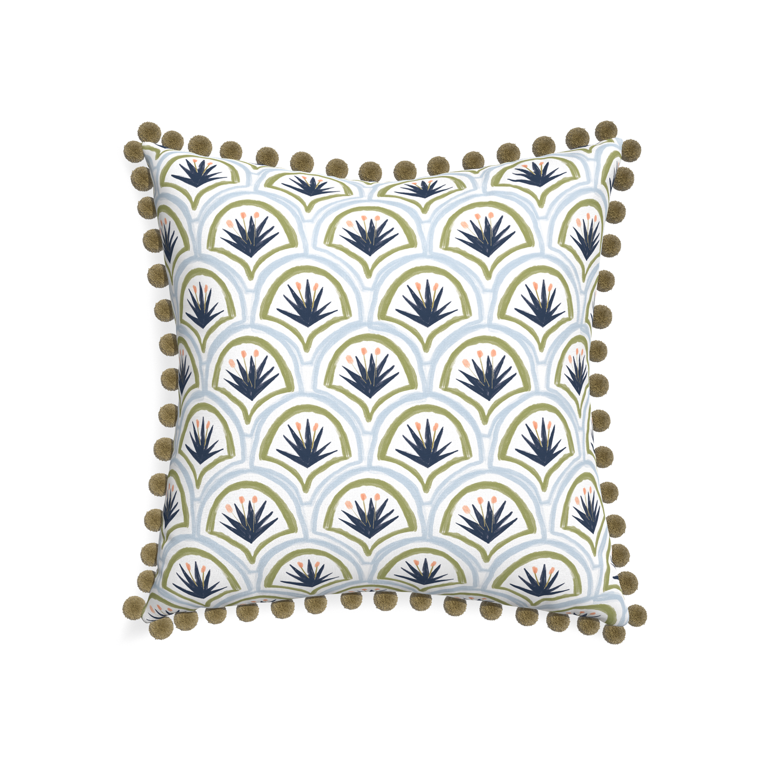 22-square thatcher midnight custom art deco palm patternpillow with olive pom pom on white background