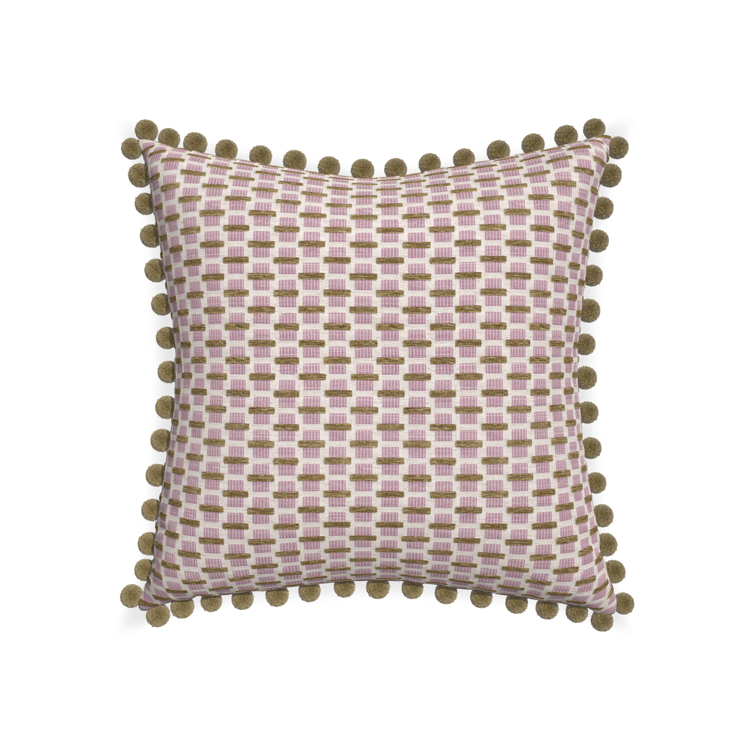 22-square willow orchid custom pink geometric chenillepillow with olive pom pom on white background