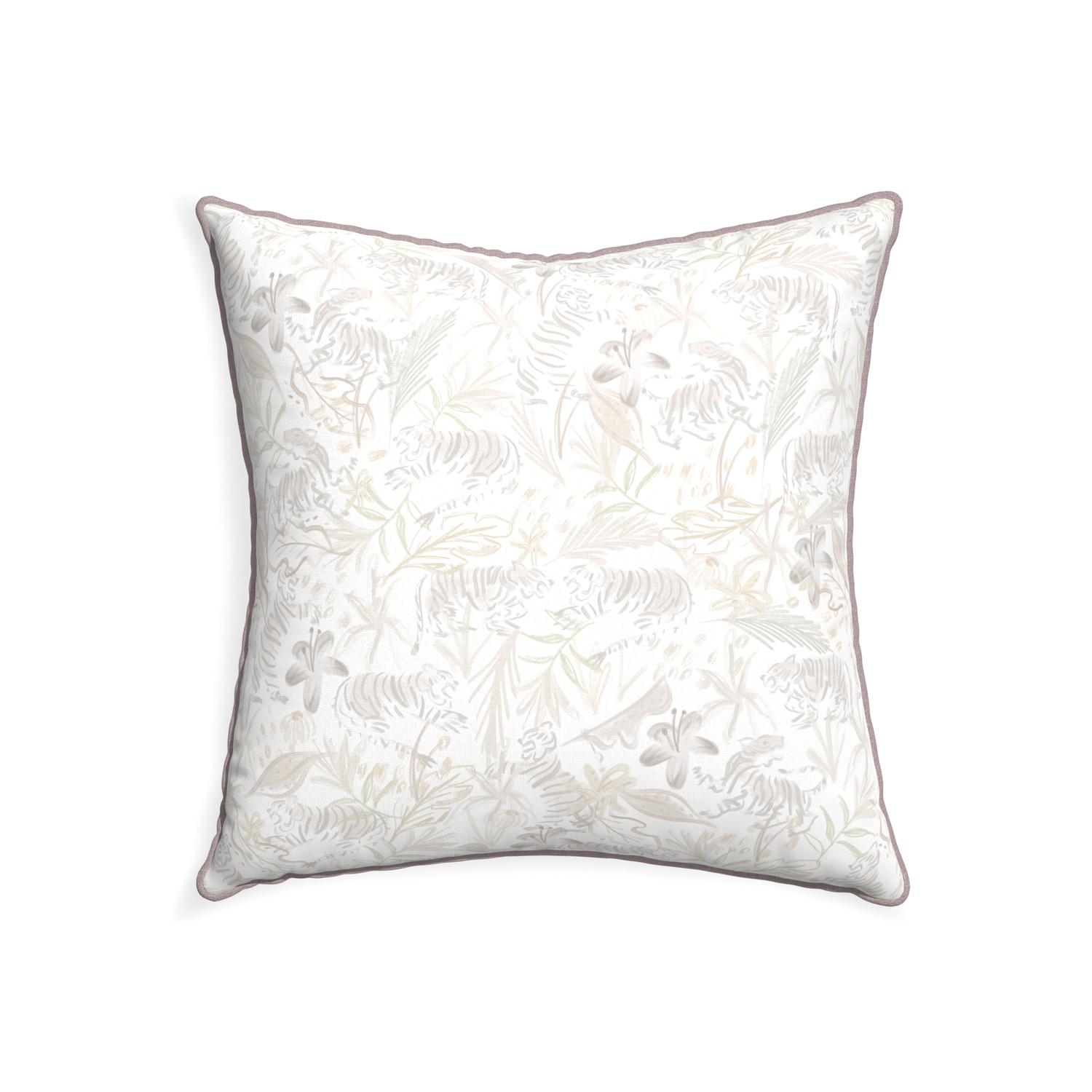 22-square frida sand custom beige chinoiserie tigerpillow with orchid piping on white background
