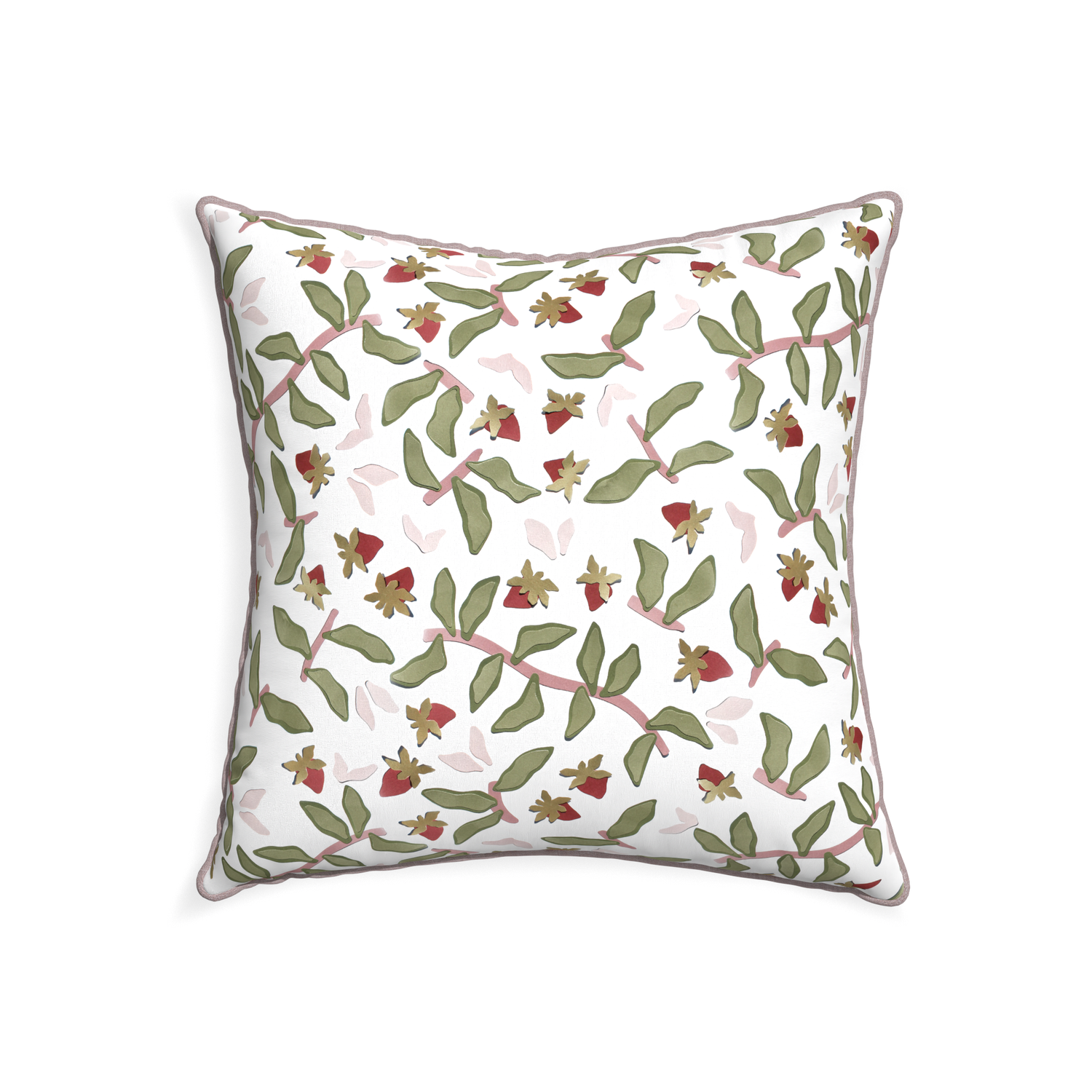 22-square nellie custom strawberry & botanicalpillow with orchid piping on white background