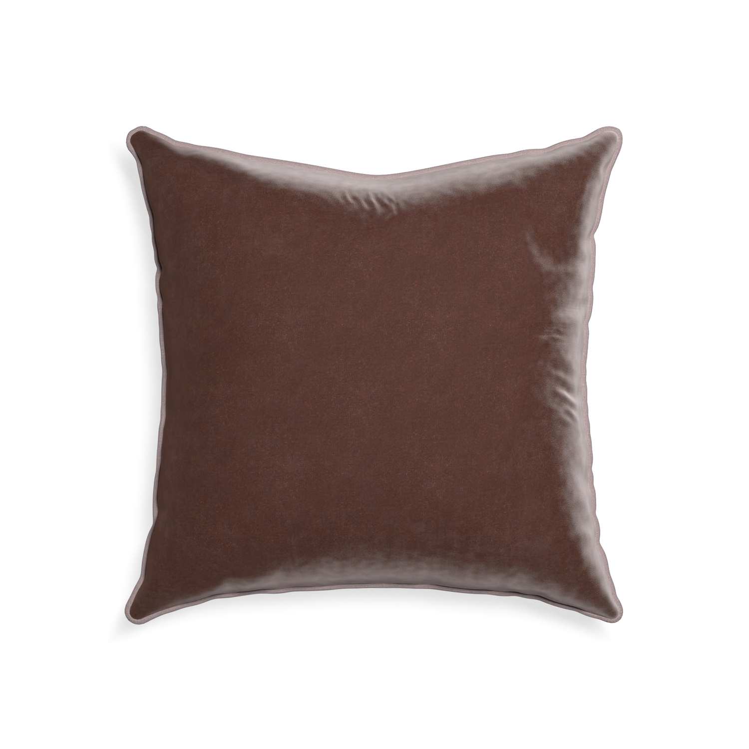 22-square walnut velvet custom brownpillow with orchid piping on white background