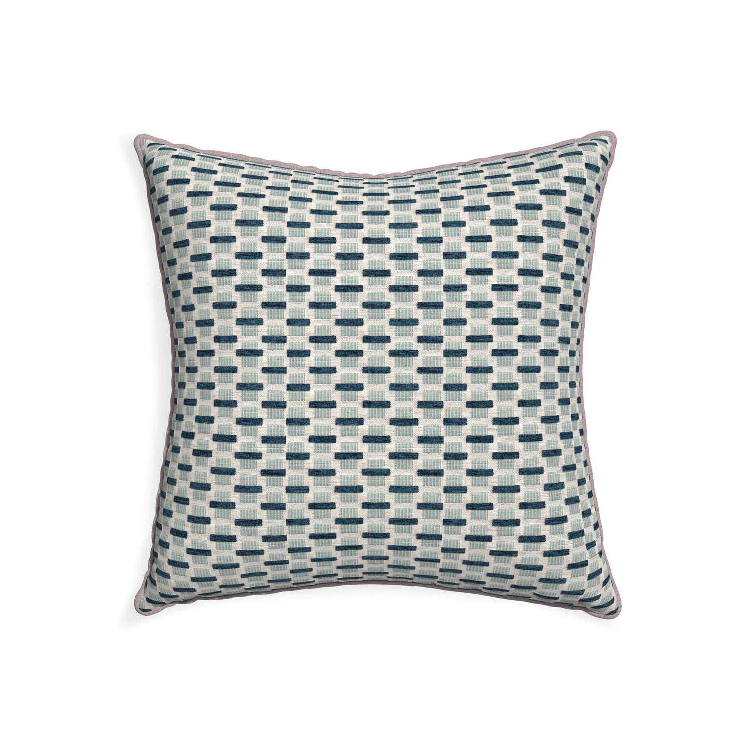 22-square willow amalfi custom blue geometric chenillepillow with orchid piping on white background
