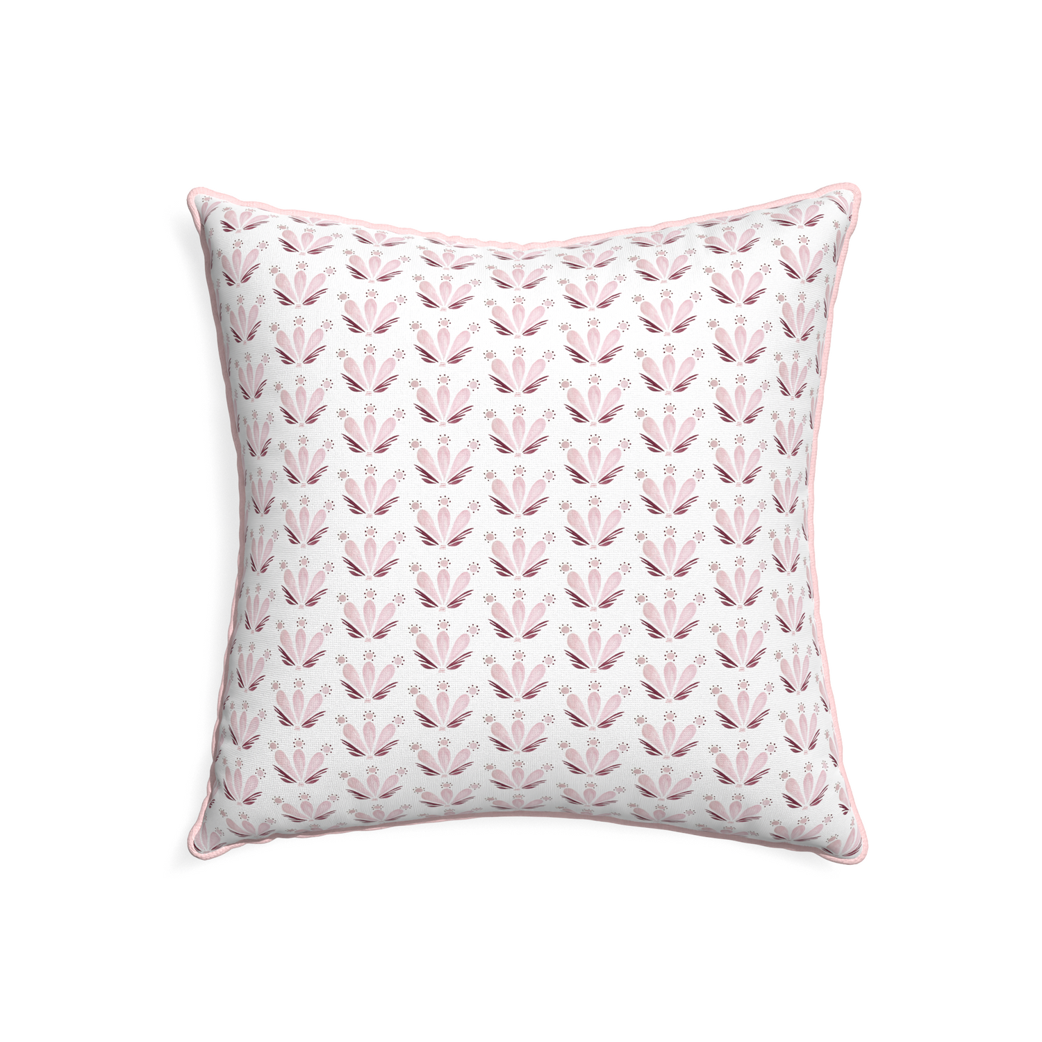 22-square serena pink custom pink & burgundy drop repeat floralpillow with petal piping on white background