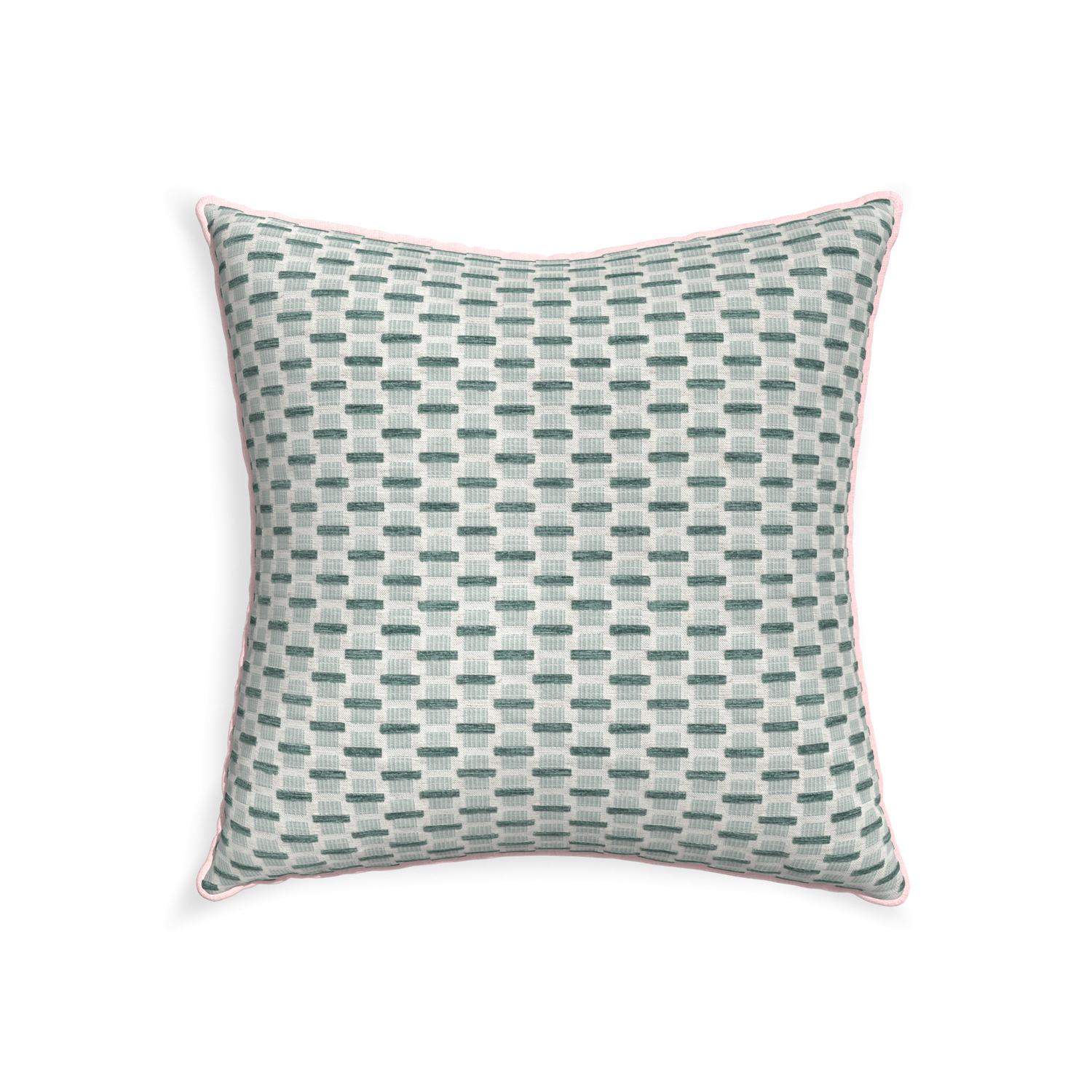 22-square willow mint custom green geometric chenillepillow with petal piping on white background
