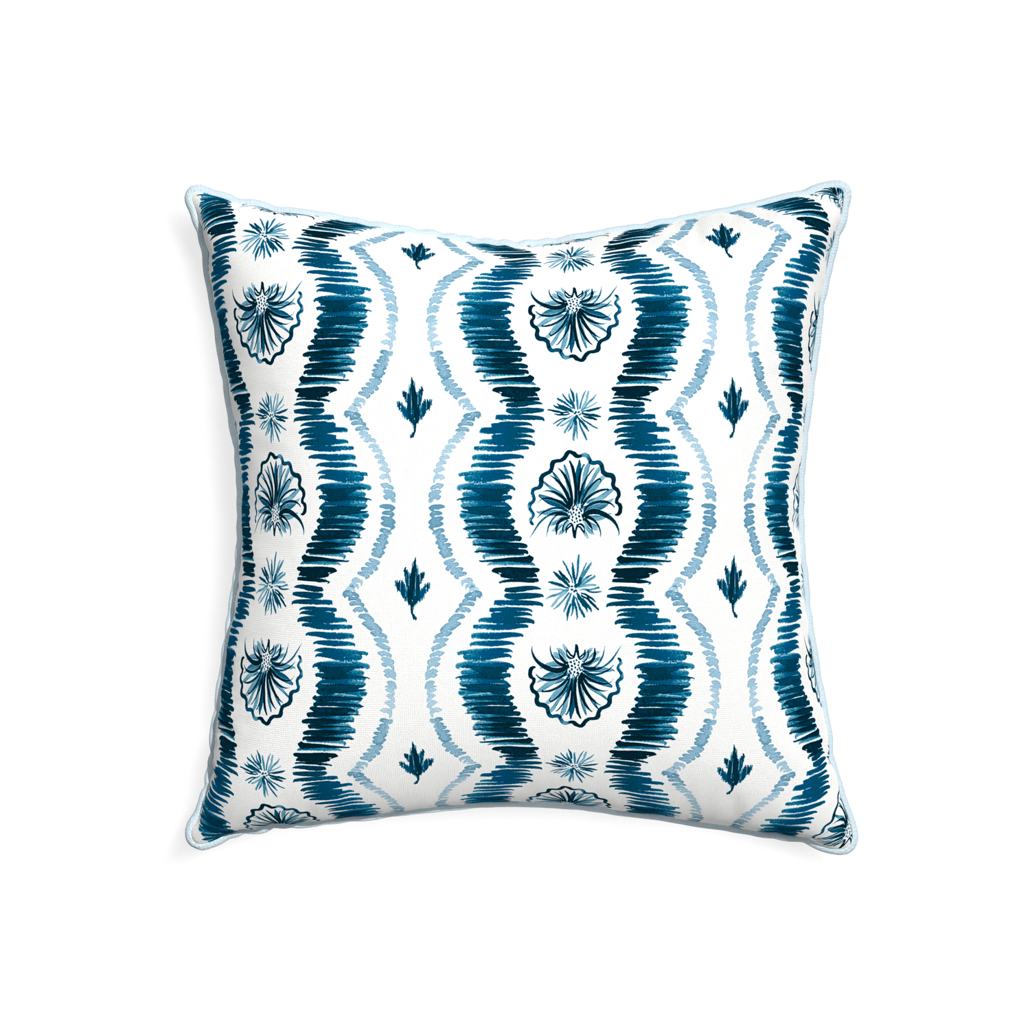 22-square alice custom blue ikatpillow with powder piping on white background