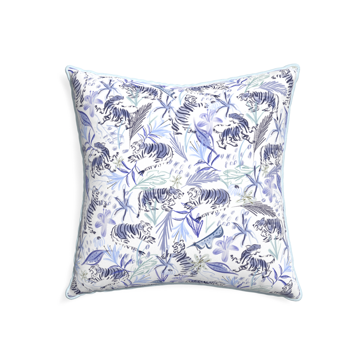 22-square frida blue custom blue with intricate tiger designpillow with powder piping on white background