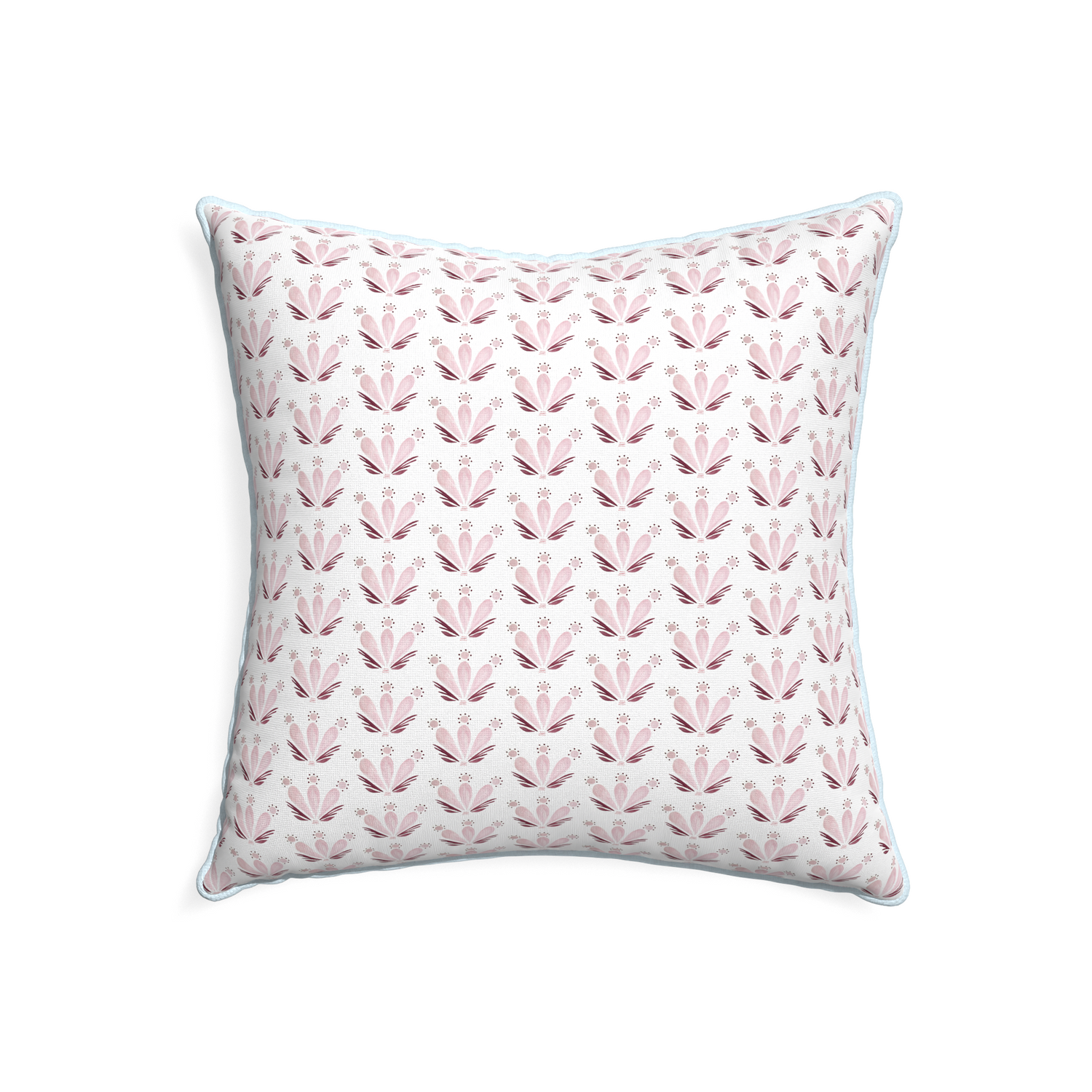 22-square serena pink custom pink & burgundy drop repeat floralpillow with powder piping on white background