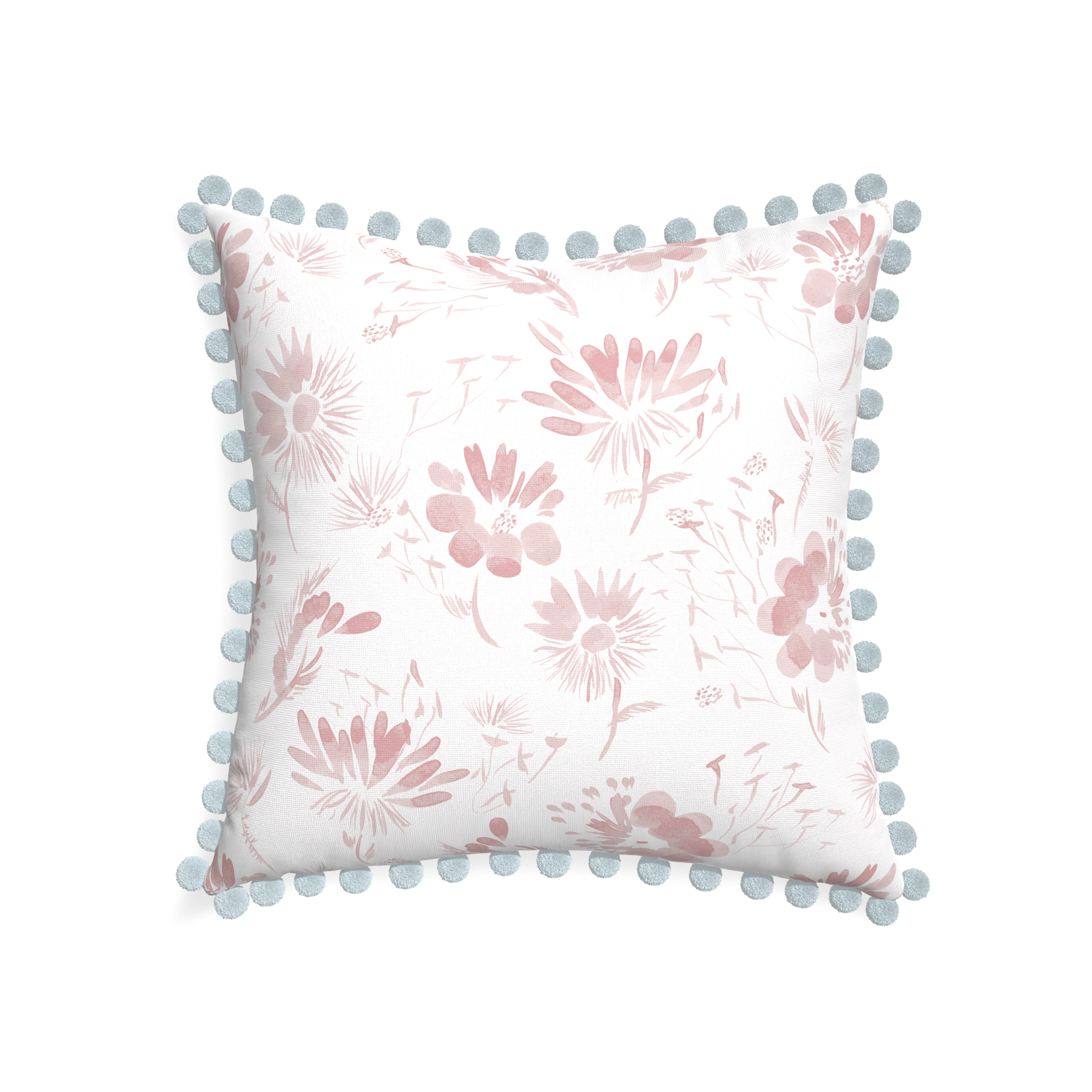 22-square blake custom pink floralpillow with powder pom pom on white background