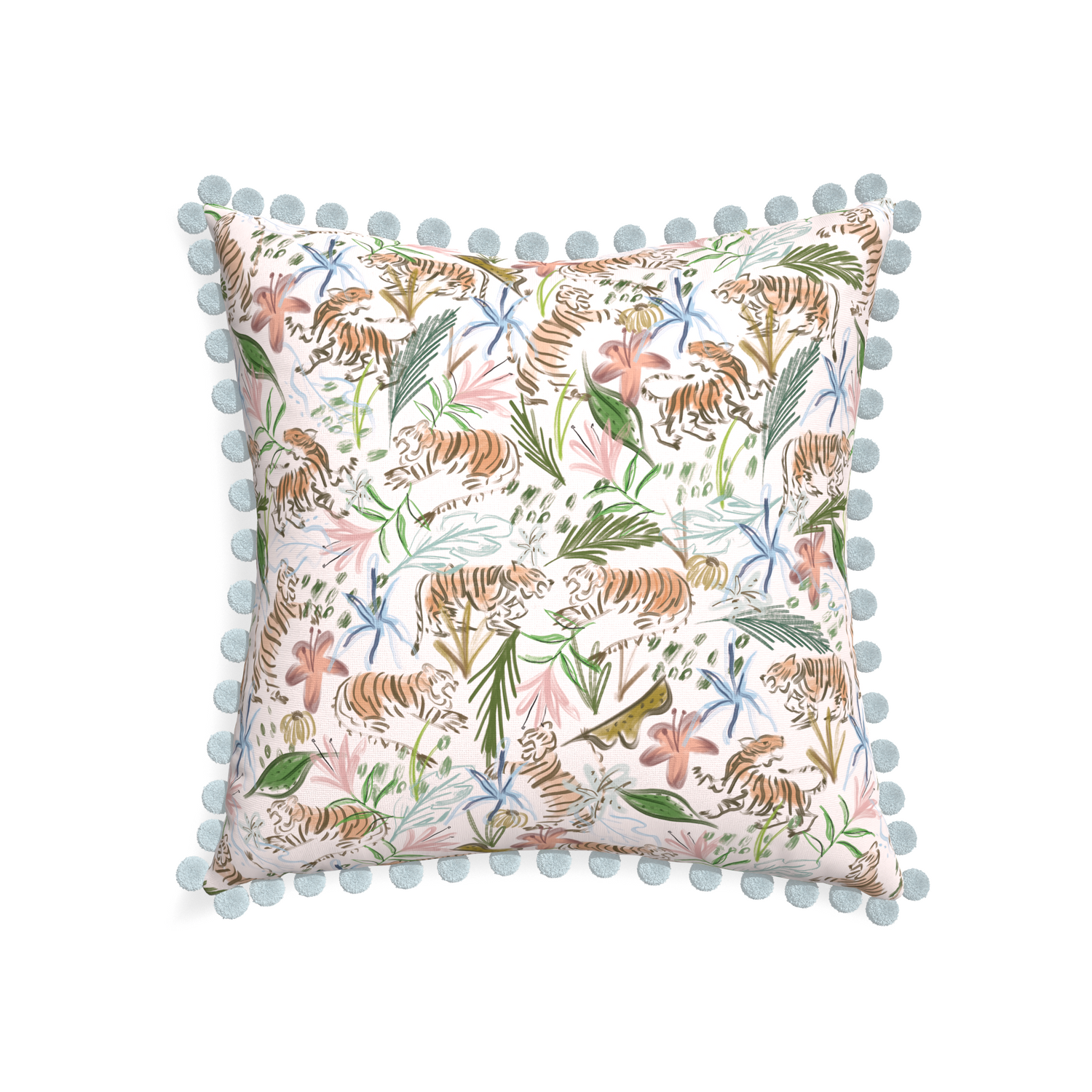 22-square frida pink custom pink chinoiserie tigerpillow with powder pom pom on white background