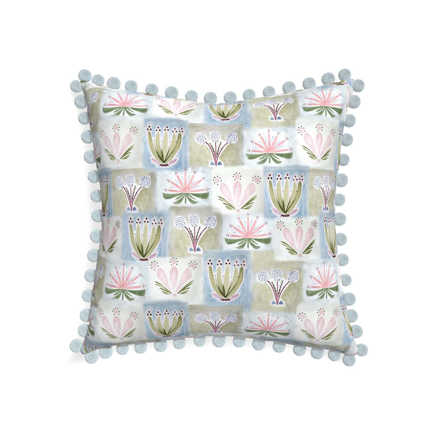 22-square harper custom hand-painted floralpillow with powder pom pom on white background