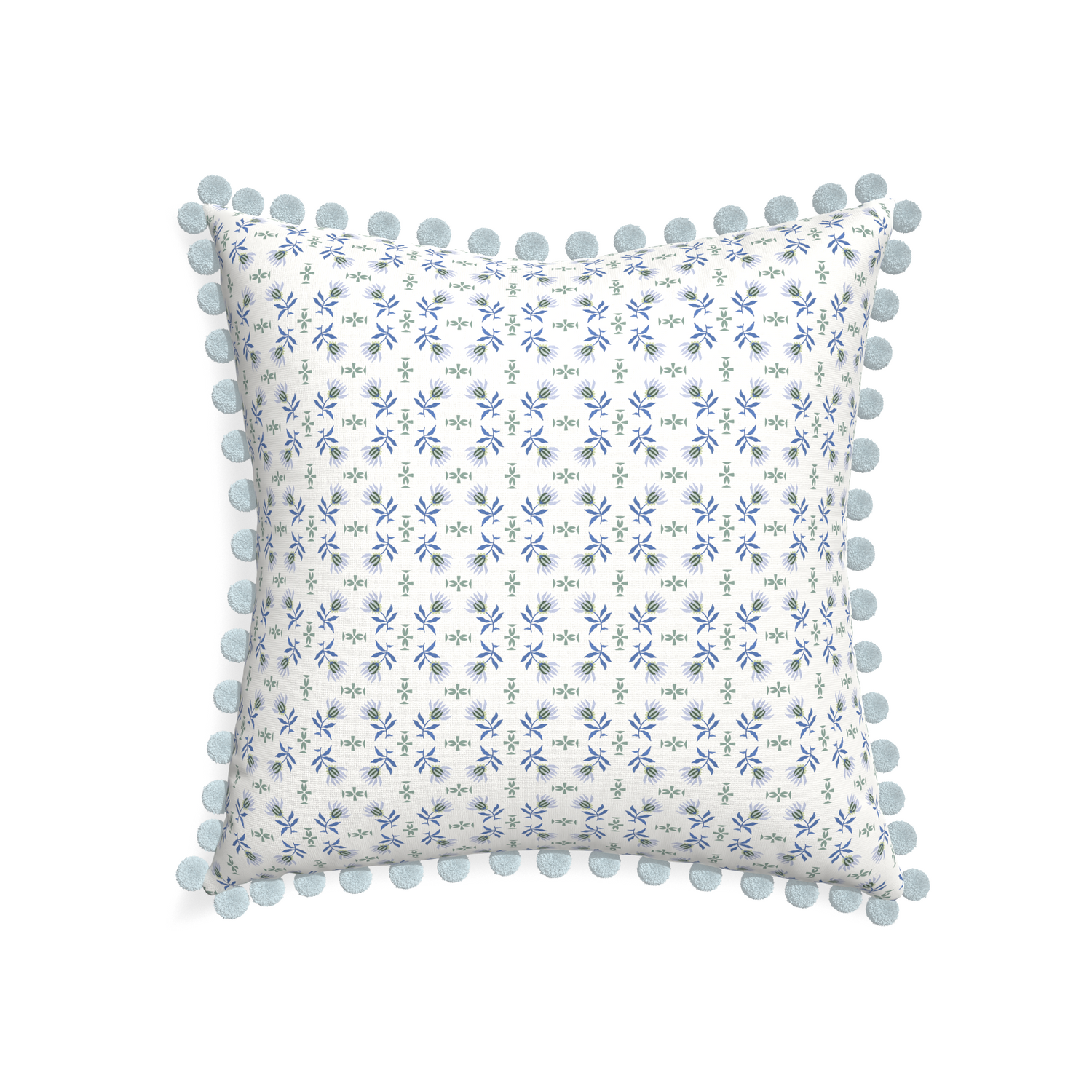 22-square lee custom blue & green floralpillow with powder pom pom on white background