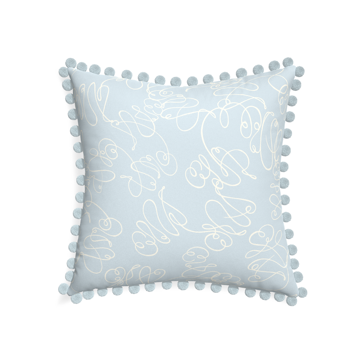 22-square mirabella custom powder blue abstractpillow with powder pom pom on white background