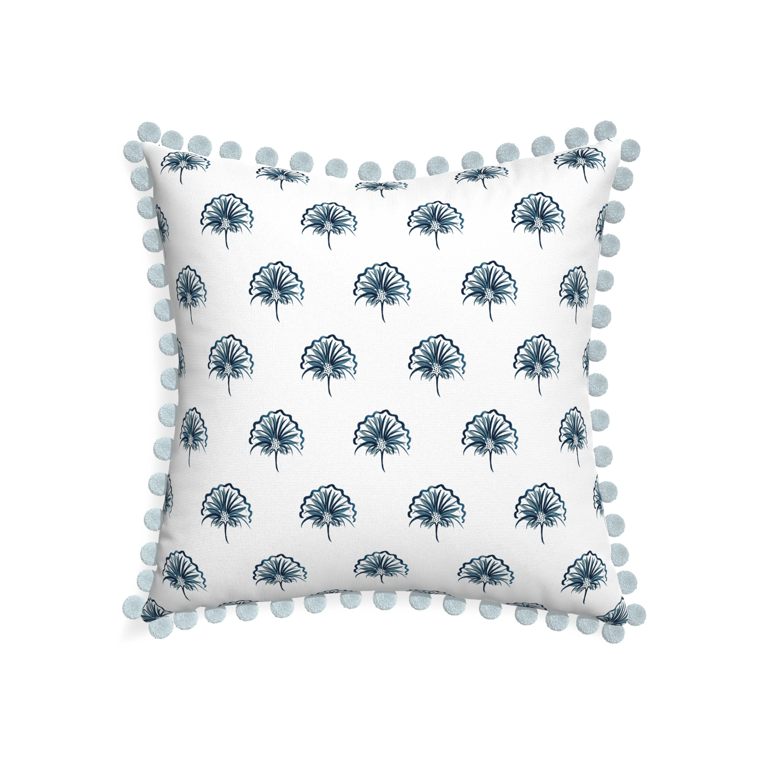 22-square penelope midnight custom floral navypillow with powder pom pom on white background