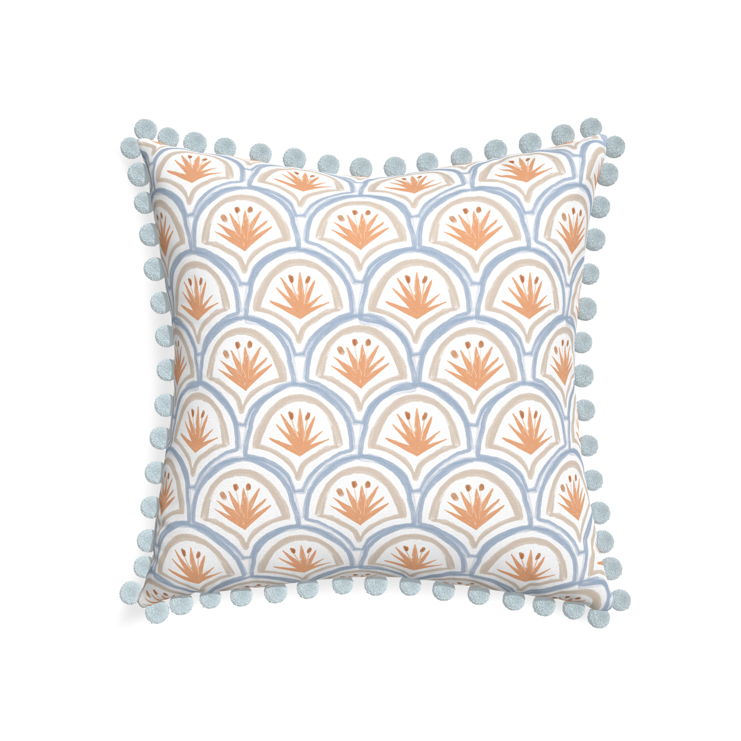 22-square thatcher apricot custom art deco palm patternpillow with powder pom pom on white background