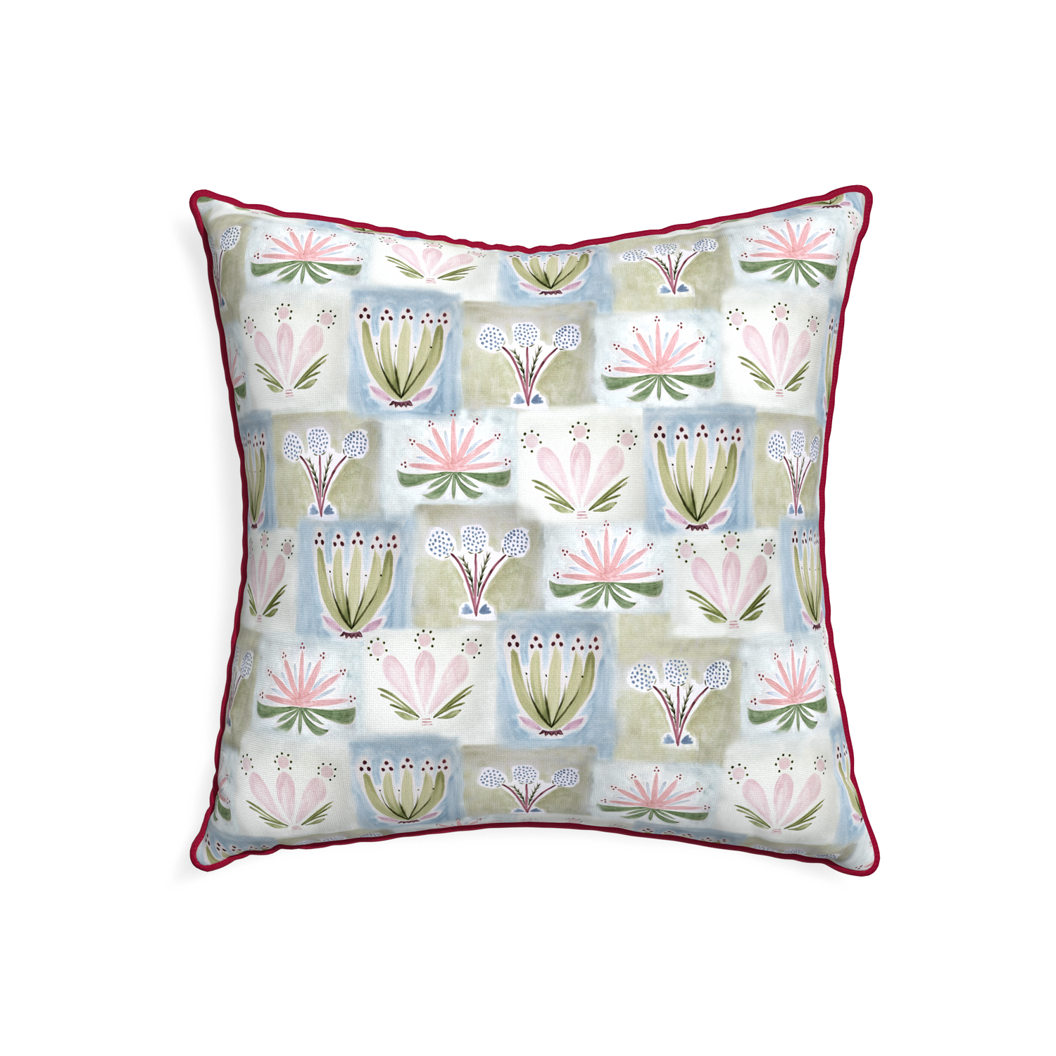 22-square harper custom hand-painted floralpillow with raspberry piping on white background