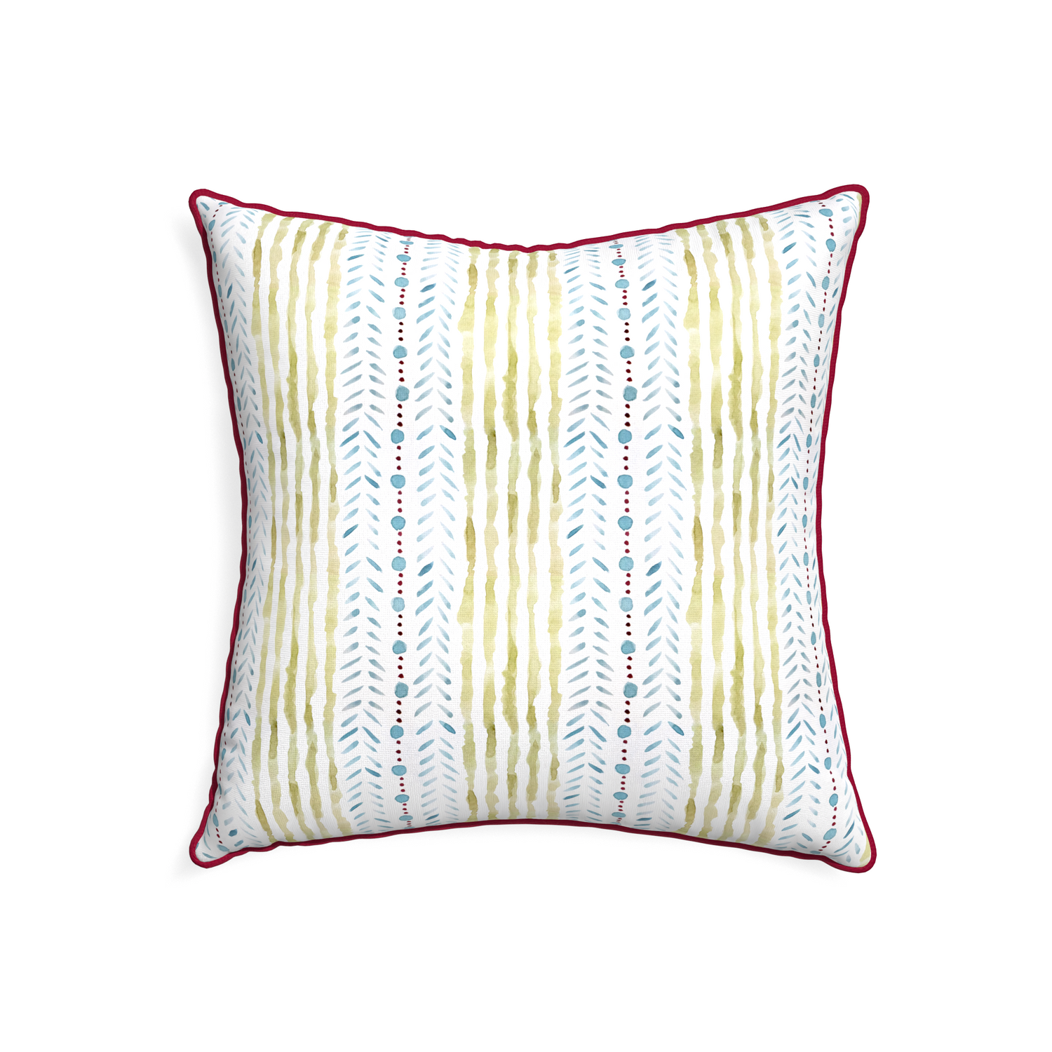 22-square julia custom blue & green stripedpillow with raspberry piping on white background