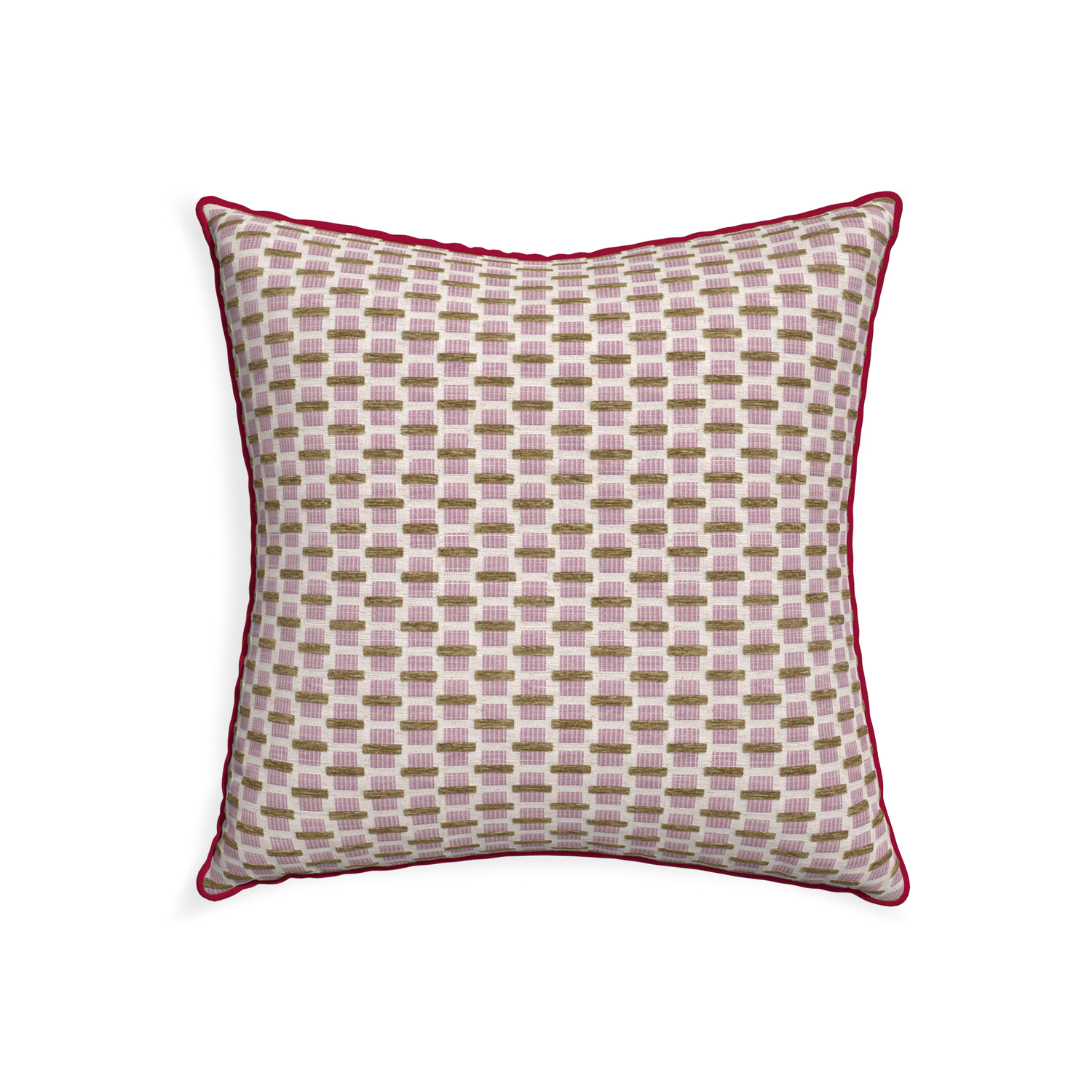 22-square willow orchid custom pink geometric chenillepillow with raspberry piping on white background