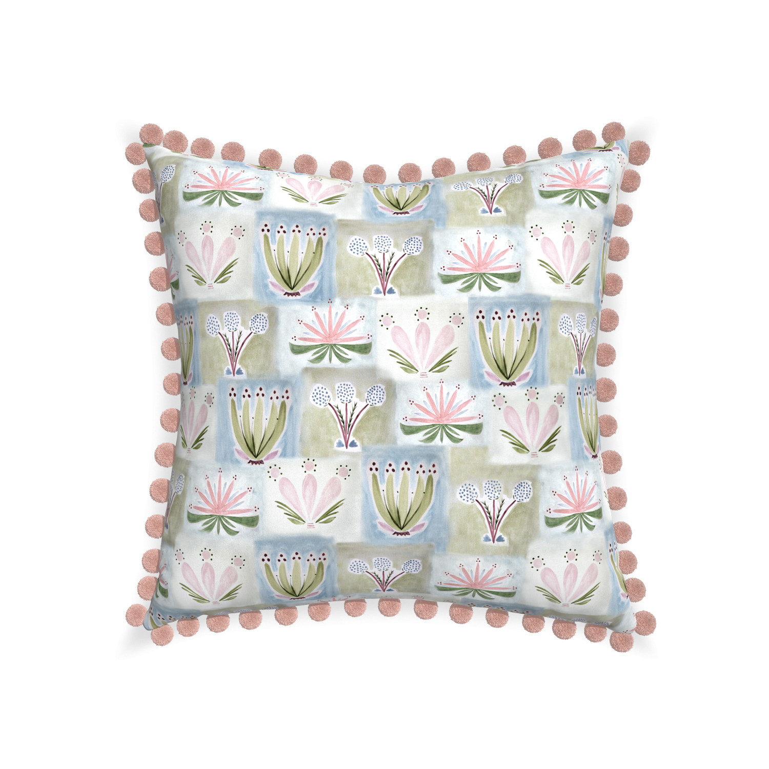 22-square harper custom hand-painted floralpillow with rose pom pom on white background