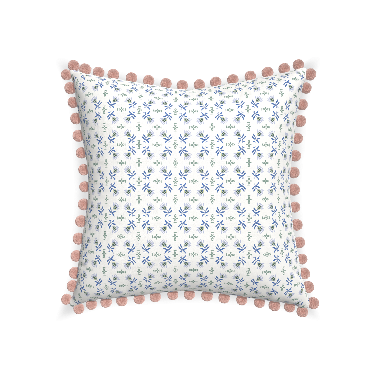 22-square lee custom blue & green floralpillow with rose pom pom on white background