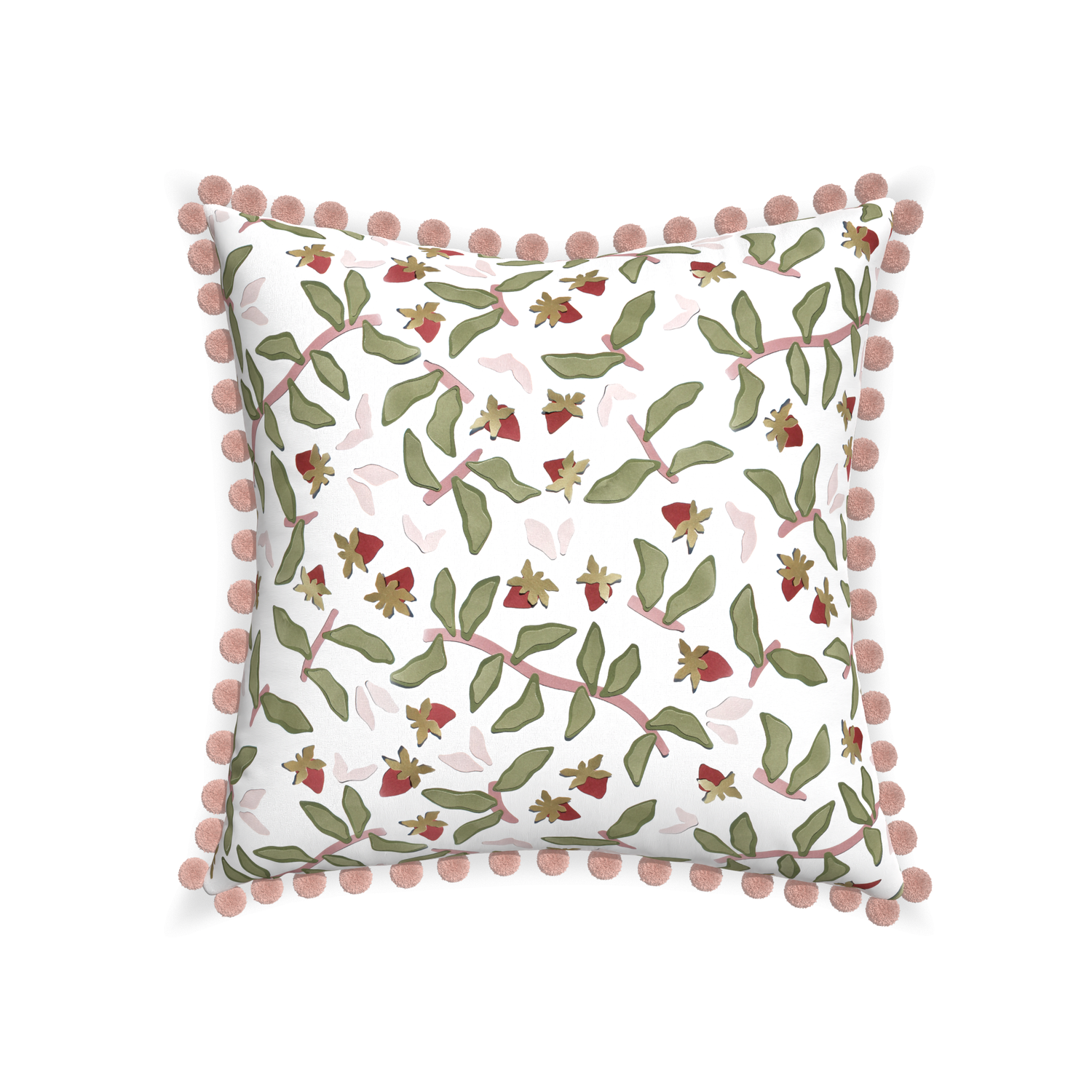 22-square nellie custom strawberry & botanicalpillow with rose pom pom on white background