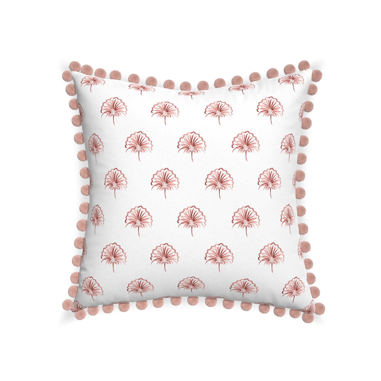 22-square penelope rose custom floral pinkpillow with rose pom pom on white background