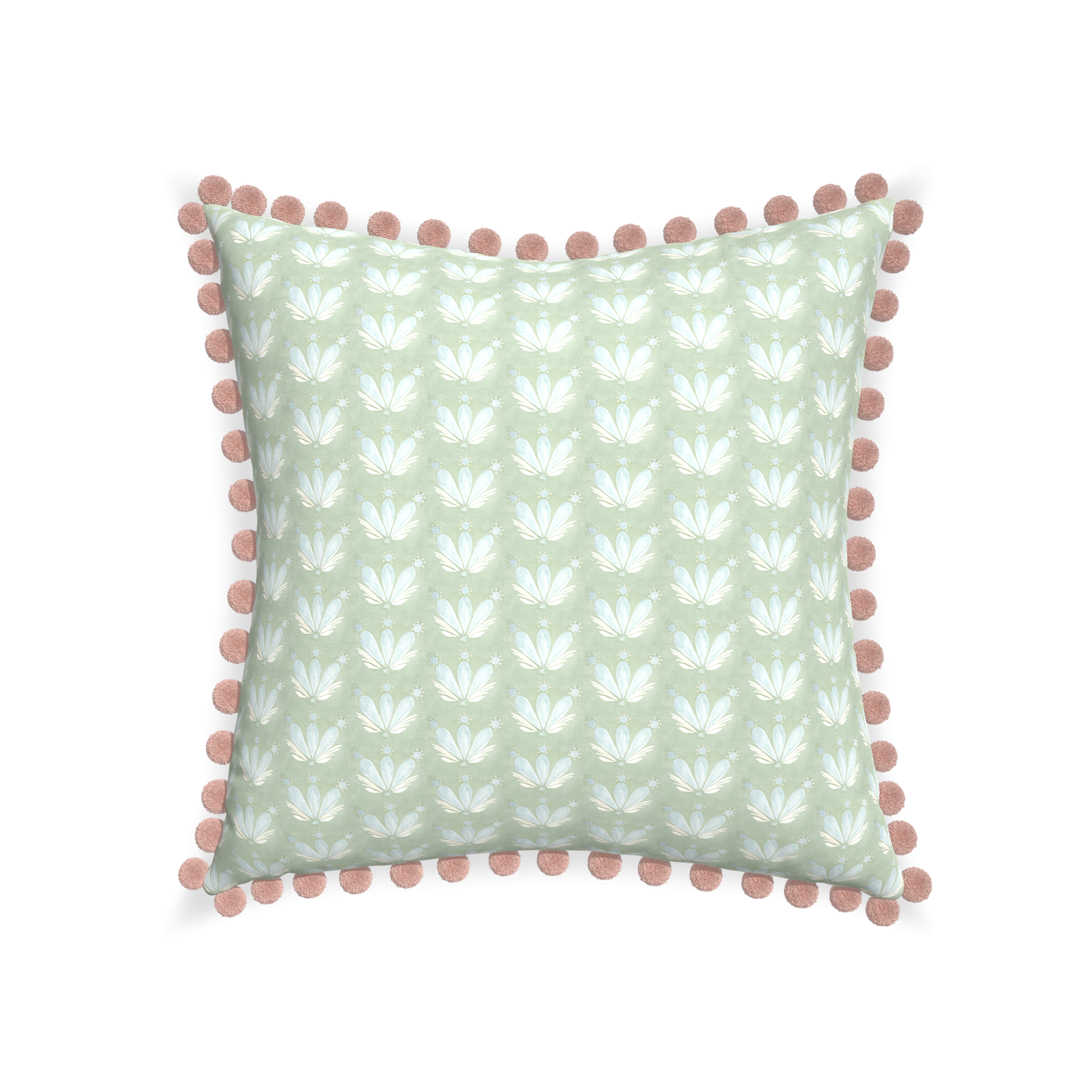 22-square serena sea salt custom blue & green floral drop repeatpillow with rose pom pom on white background