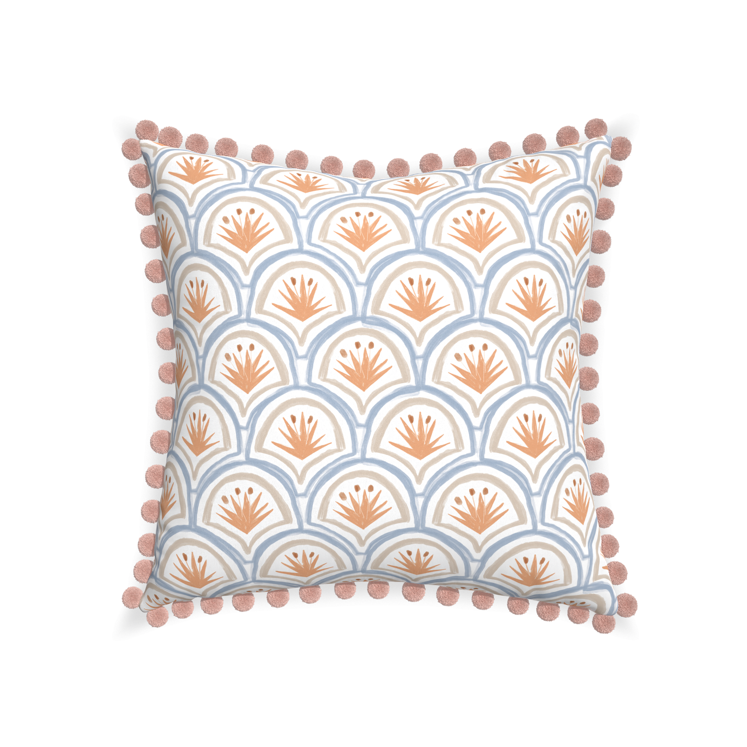 22-square thatcher apricot custom art deco palm patternpillow with rose pom pom on white background