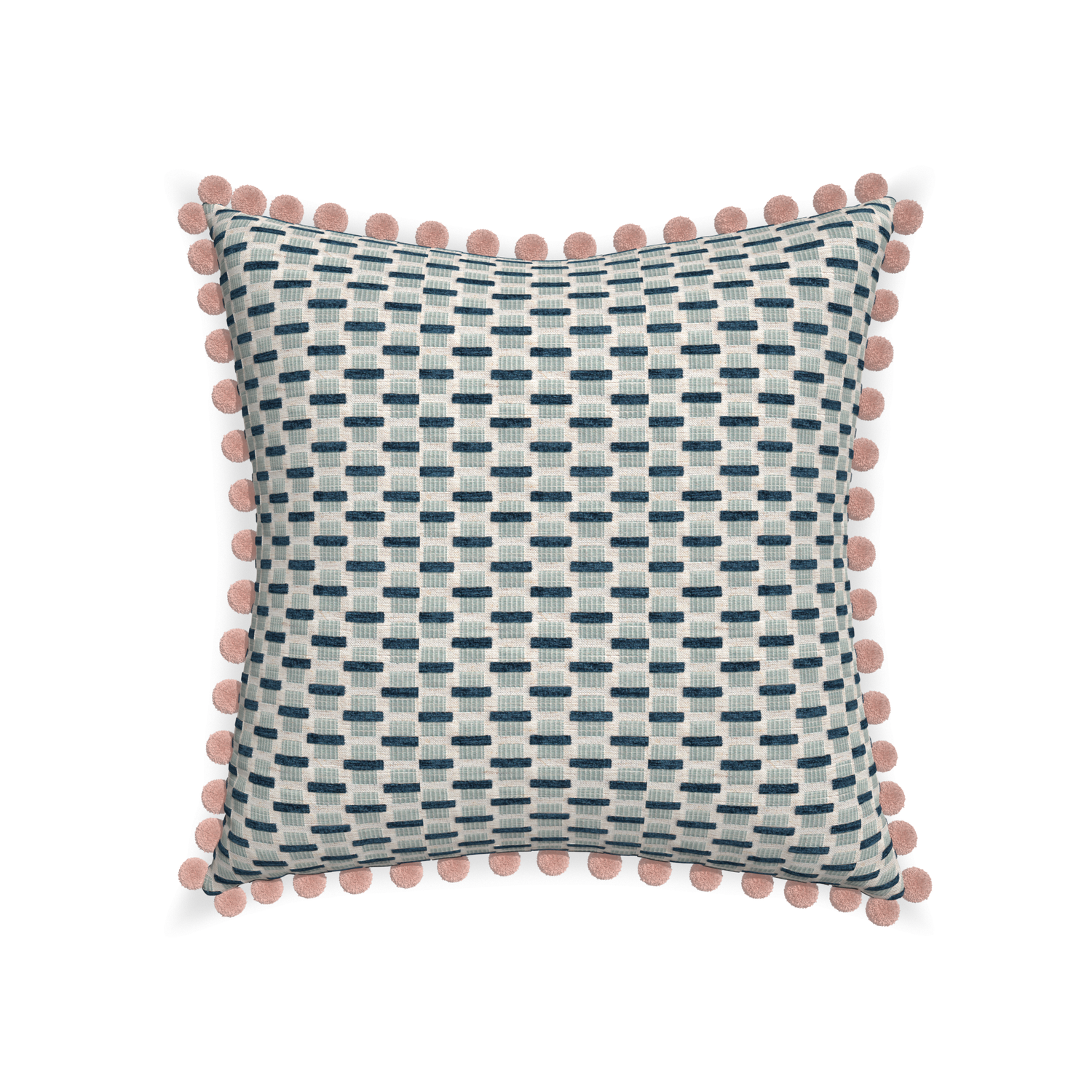 22-square willow amalfi custom blue geometric chenillepillow with rose pom pom on white background