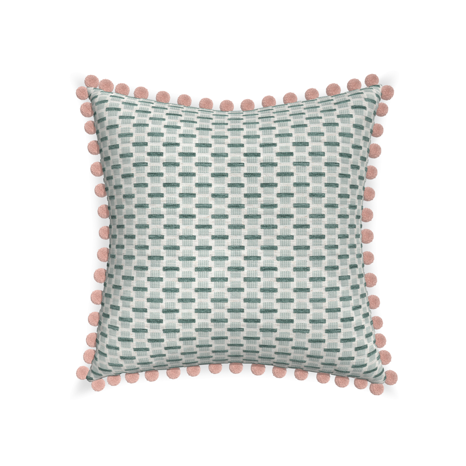 22-square willow mint custom green geometric chenillepillow with rose pom pom on white background