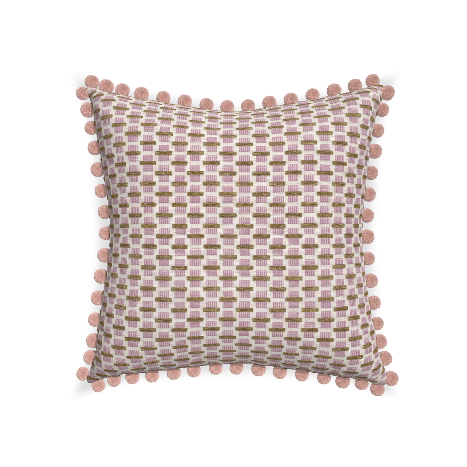 22-square willow orchid custom pink geometric chenillepillow with rose pom pom on white background