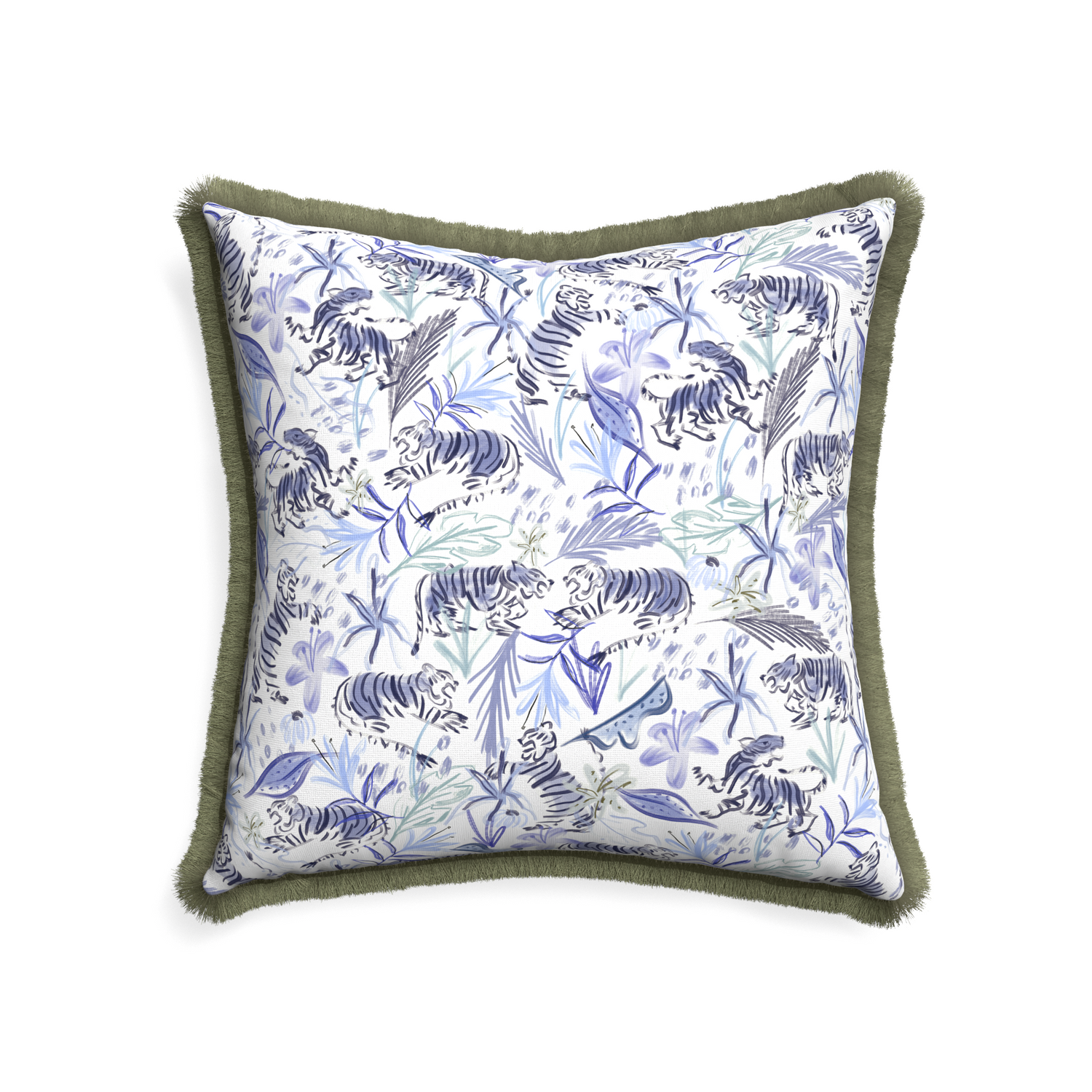 22-square frida blue custom blue with intricate tiger designpillow with sage fringe on white background