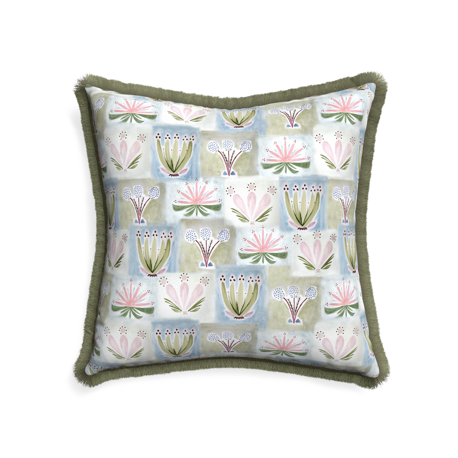22-square harper custom hand-painted floralpillow with sage fringe on white background