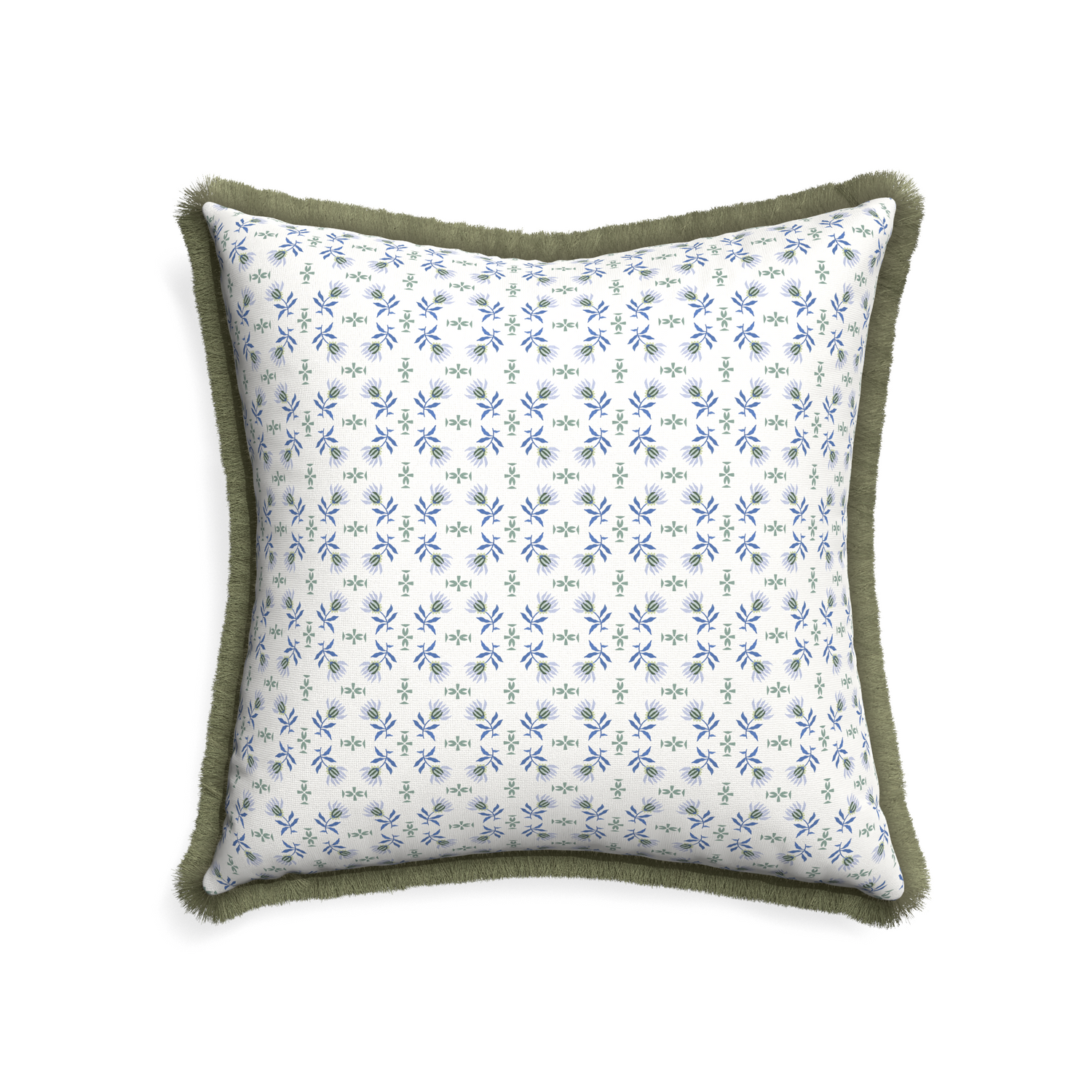 22-square lee custom blue & green floralpillow with sage fringe on white background