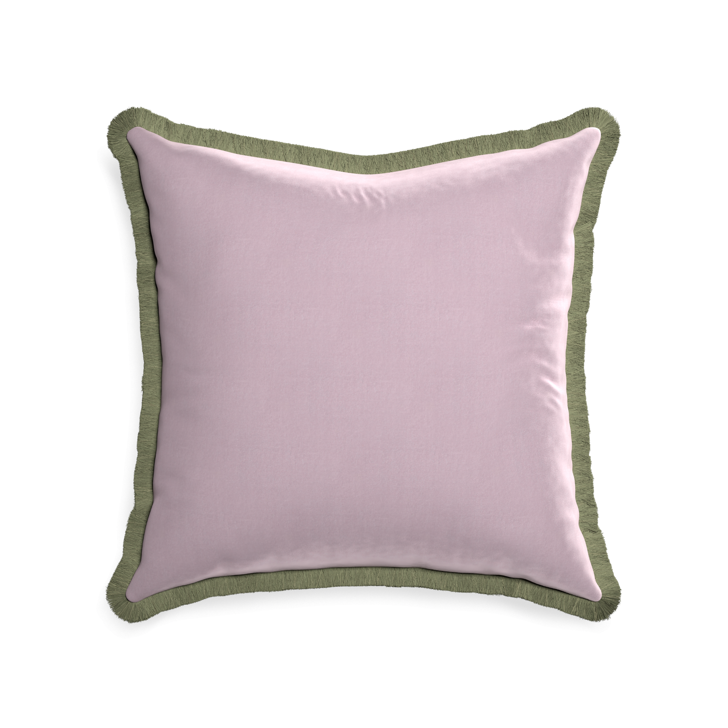 square lilac velvet pillow with sage green fringe 