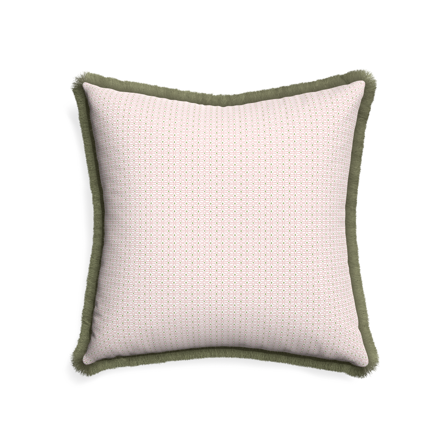 22-square loomi pink custom pink geometricpillow with sage fringe on white background