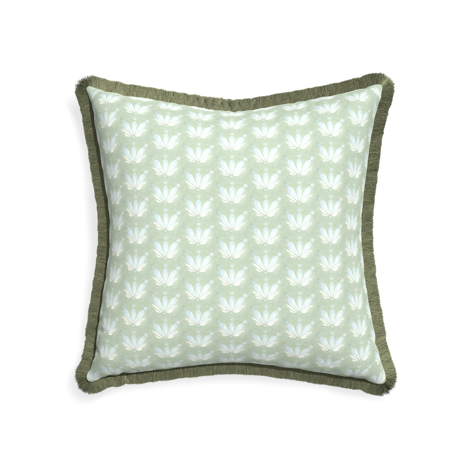 22-square serena sea salt custom blue & green floral drop repeatpillow with sage fringe on white background