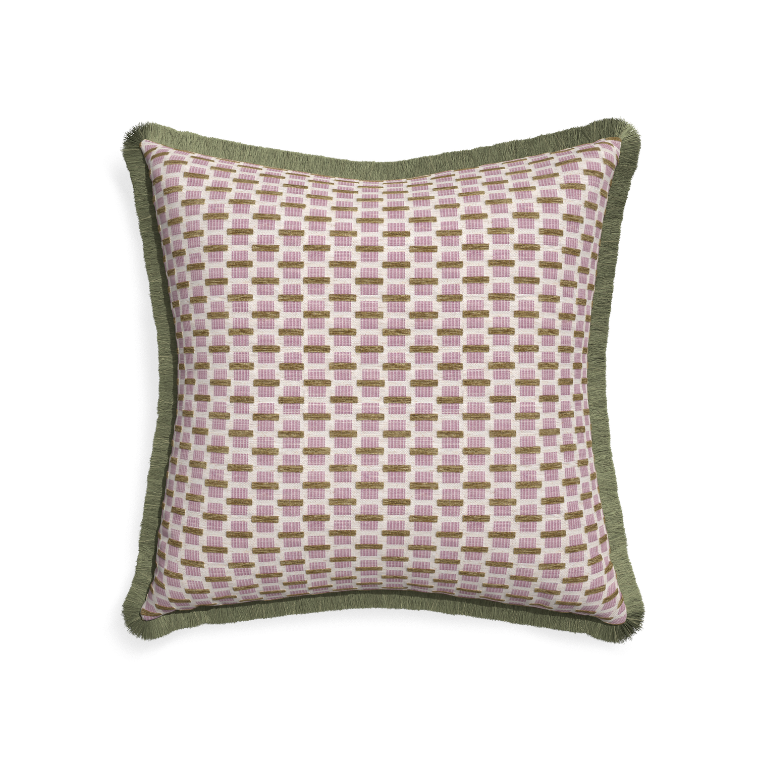 22-square willow orchid custom pink geometric chenillepillow with sage fringe on white background