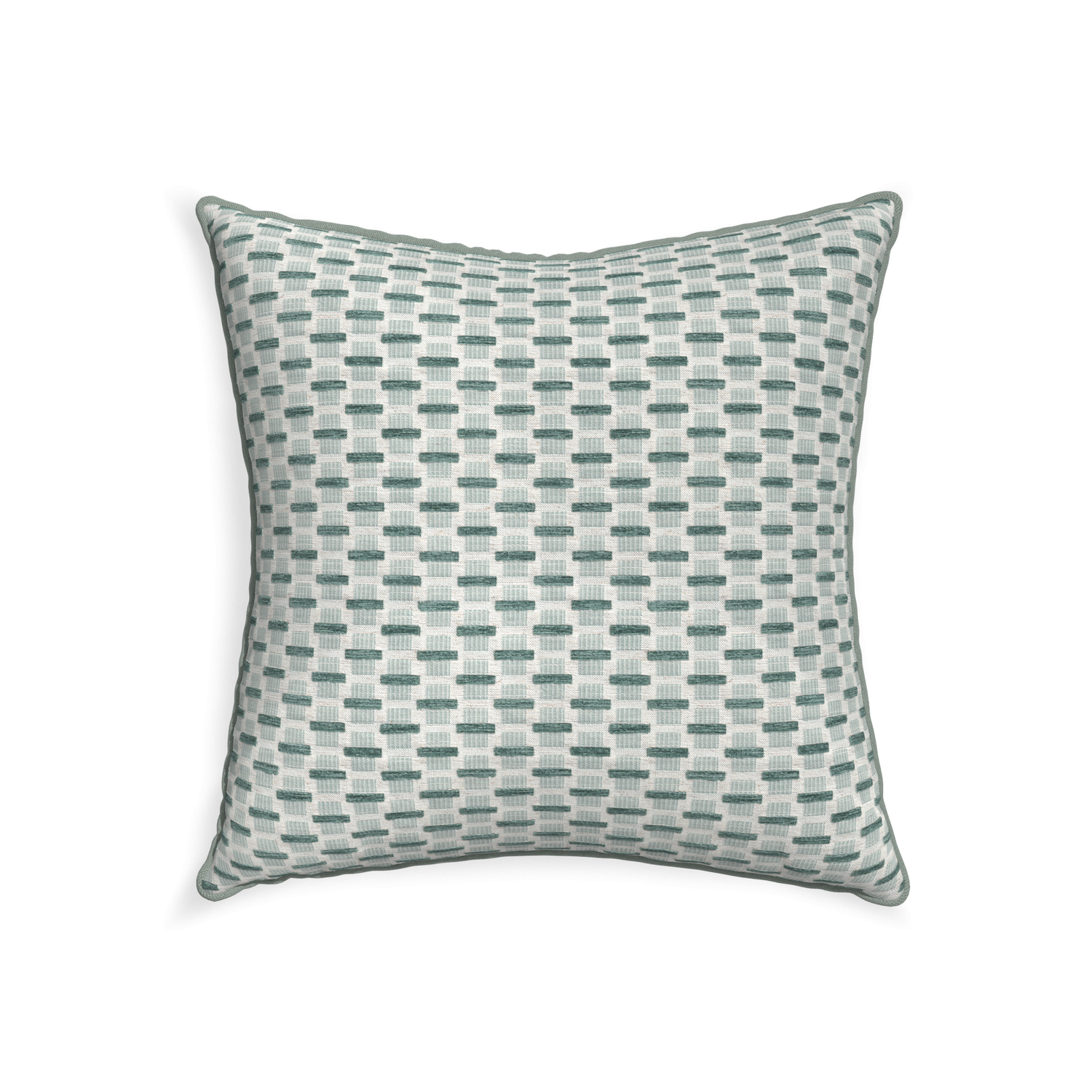 22-square willow mint custom green geometric chenillepillow with sage piping on white background