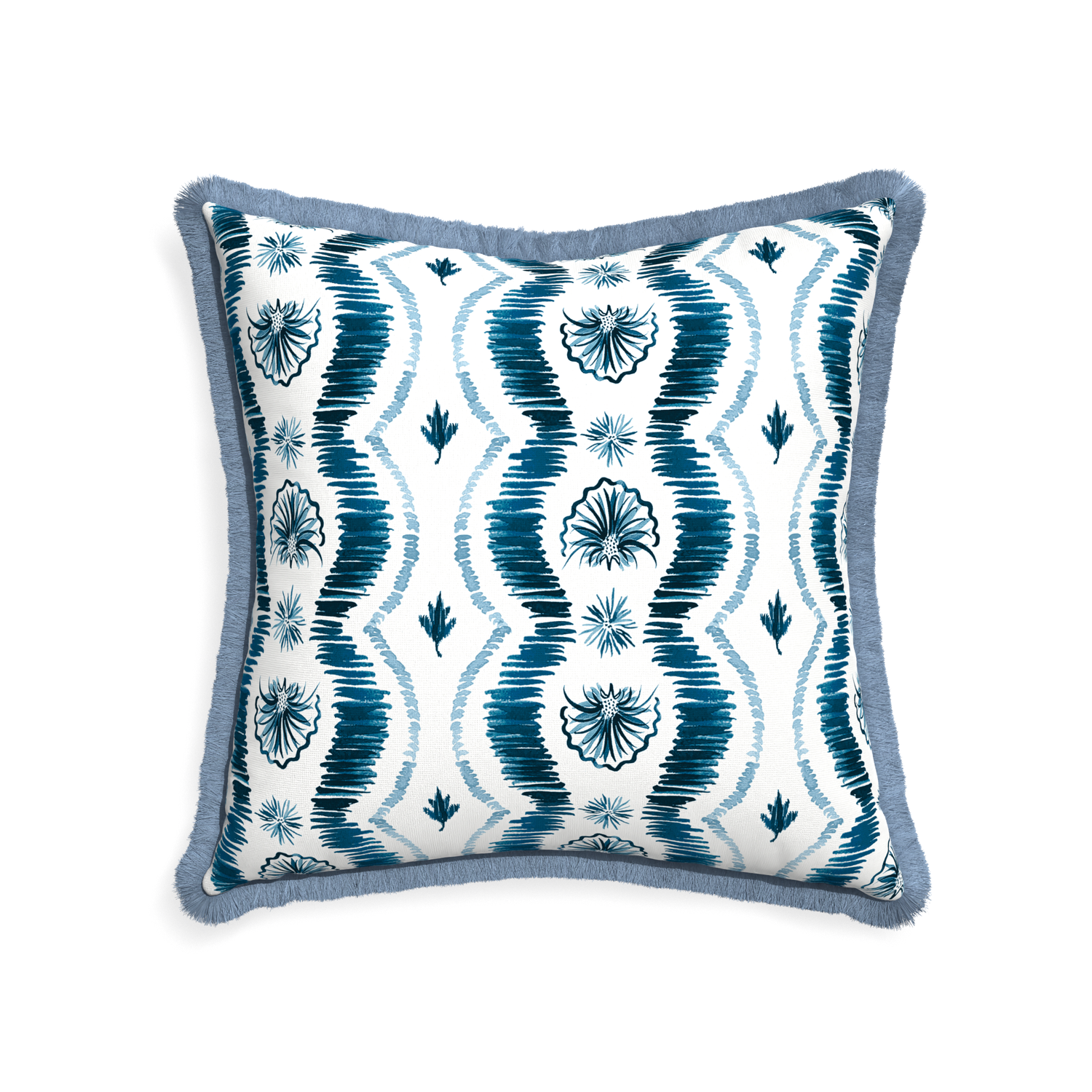 22 inch Square Blue Ikat Stripe Pillow with sky blue fringe