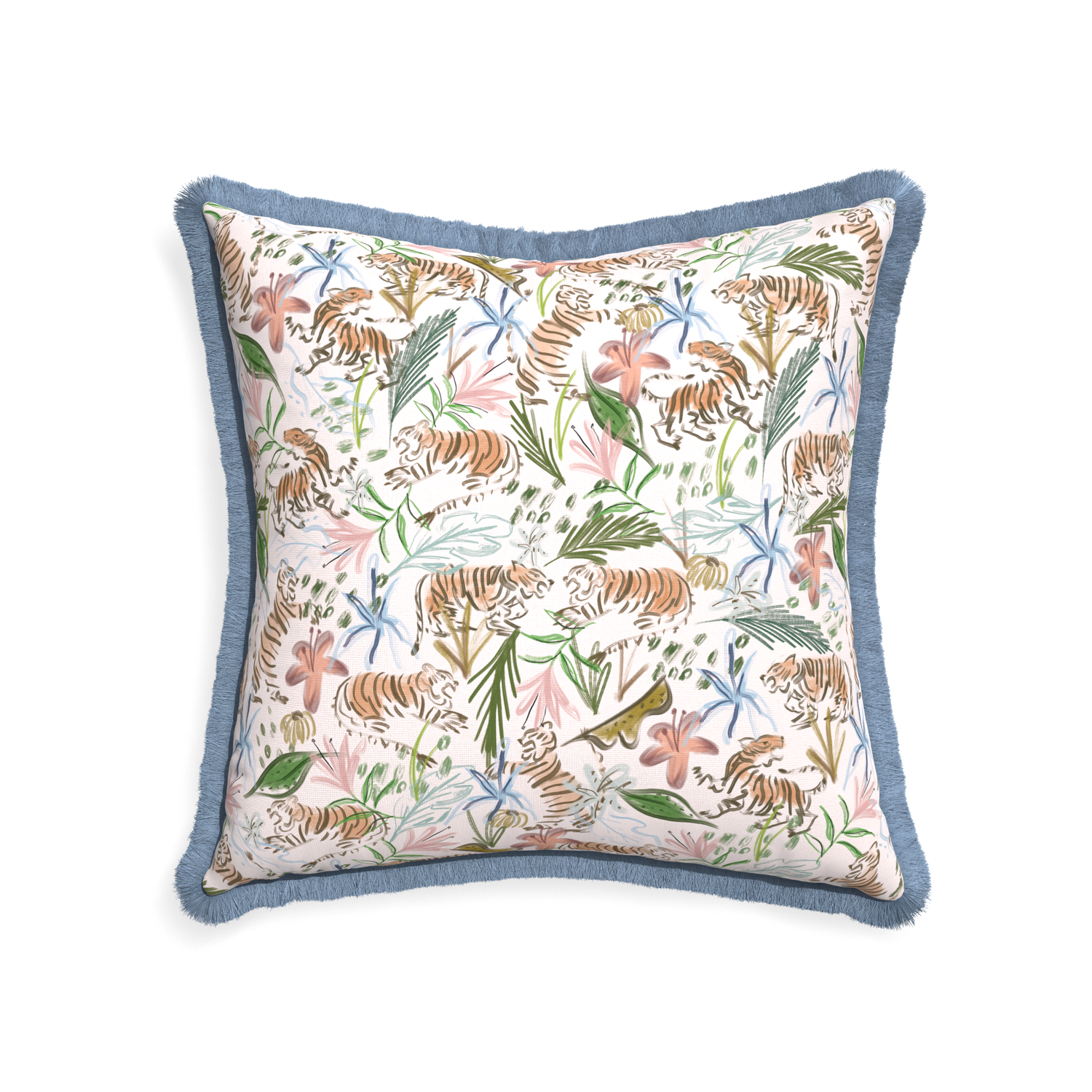 22-square frida pink custom pink chinoiserie tigerpillow with sky fringe on white background